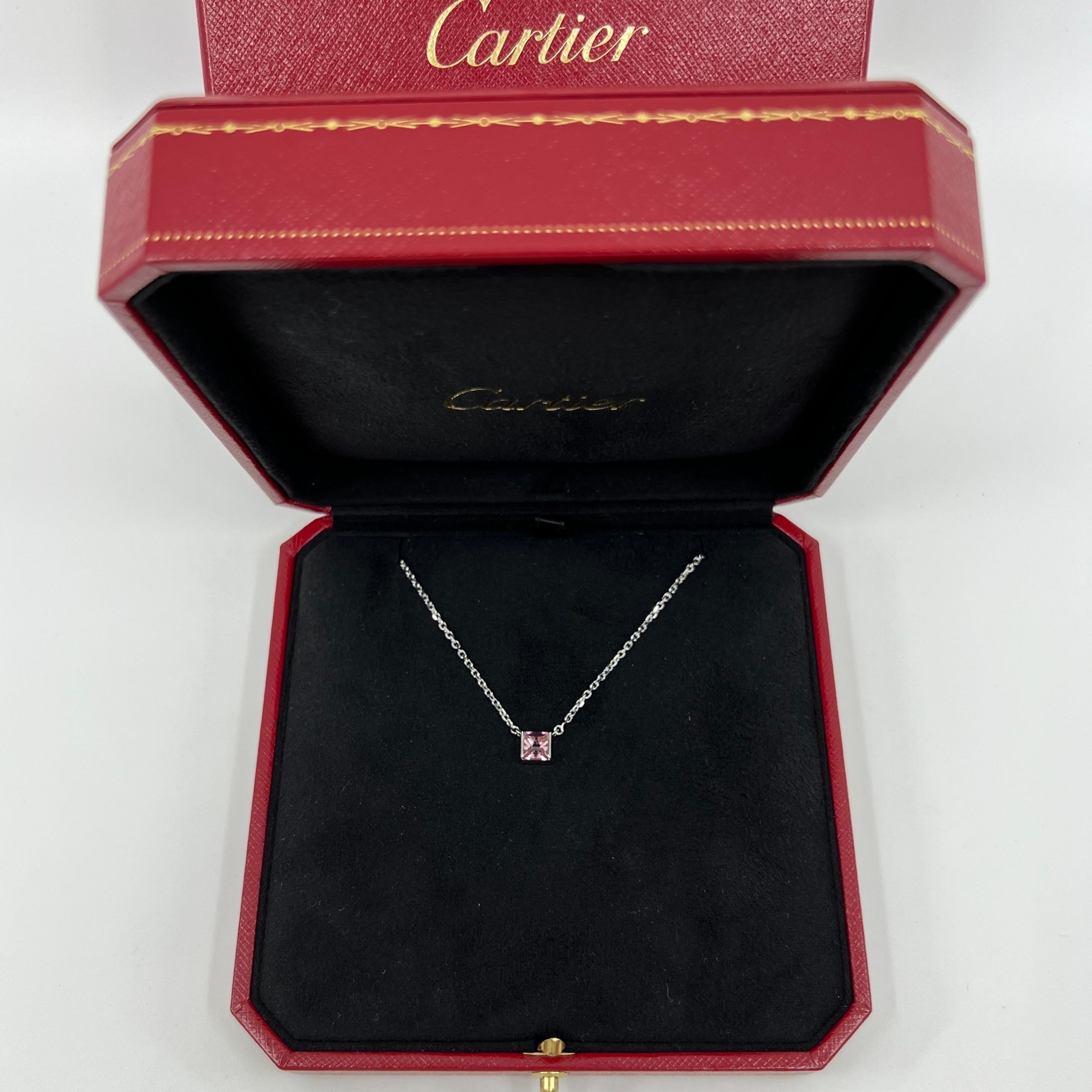 Vintage Cartier Pink Tourmaline Cushion Cut 18k White Gold Tank Pendant Necklace For Sale 2