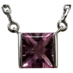 Vintage Cartier Pink Tourmaline Cushion Cut 18k White Gold Tank Pendant Necklace