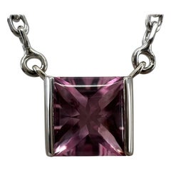Vintage Cartier Pink Tourmaline Cushion Cut 18k White Gold Tank Pendant Necklace