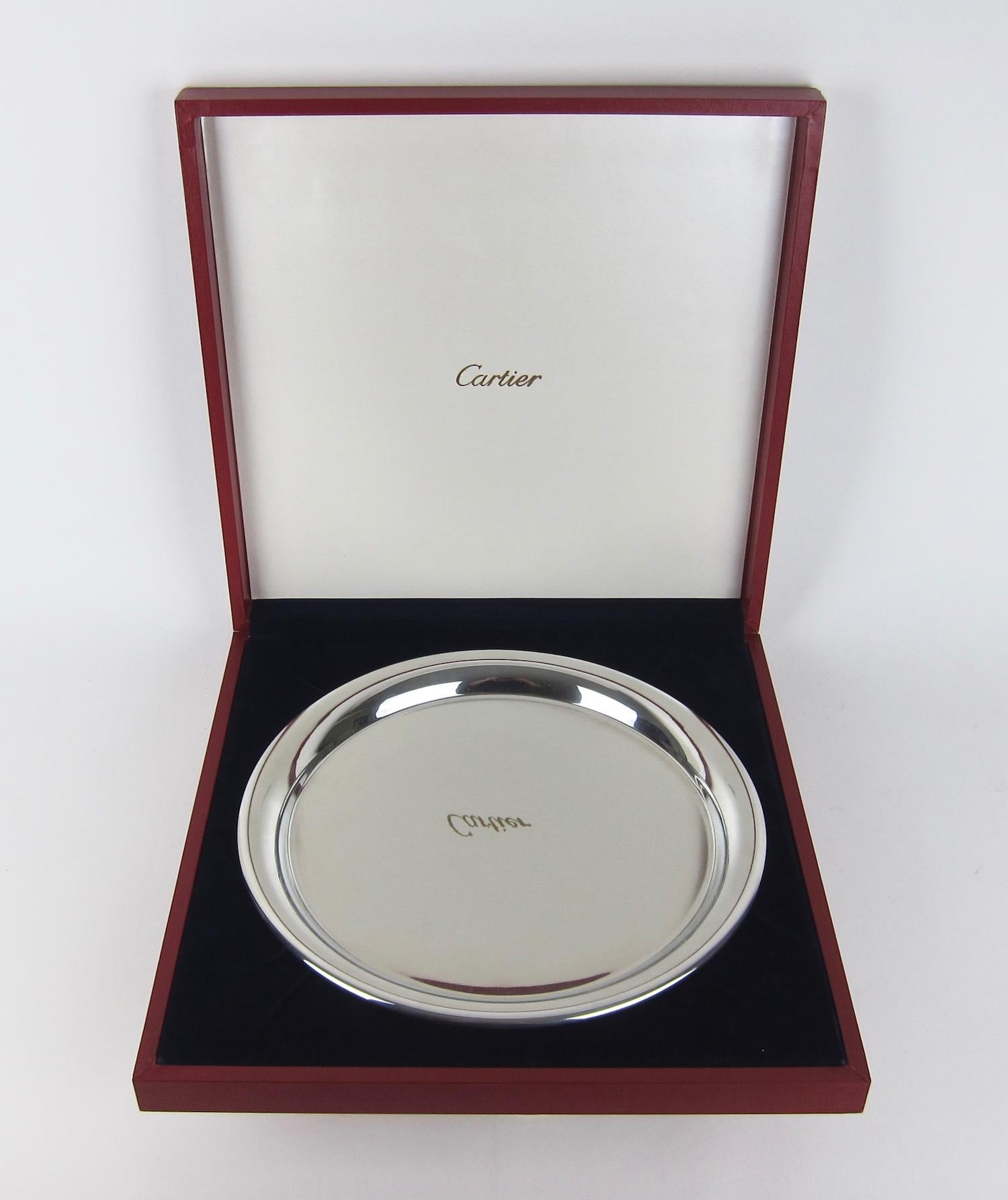 Modern Vintage Cartier Polished Pewter Silver Tray with Original Red Box