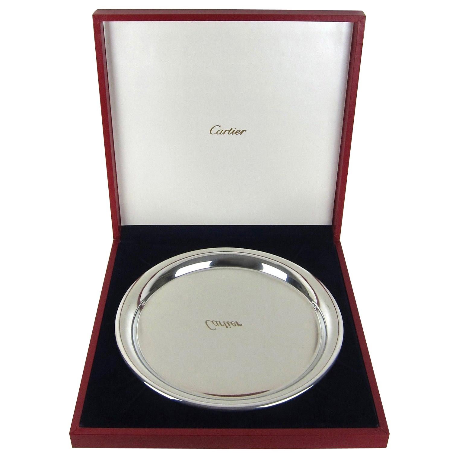 Vintage Cartier Polished Pewter Silver Tray with Original Red Presentation Box