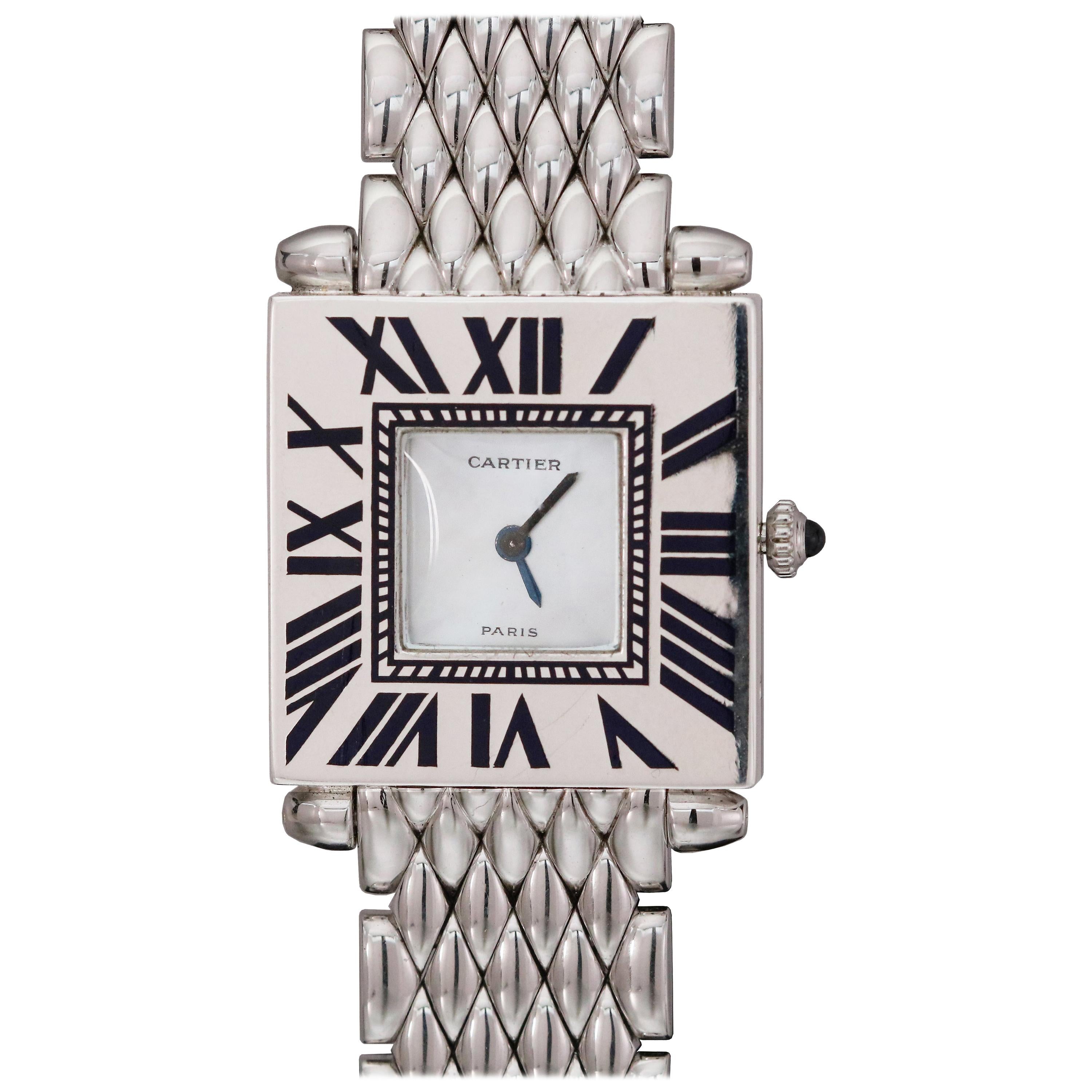 Vintage Cartier "Quadrant" White Gold and Blue Enamel Wristwatch, 1994