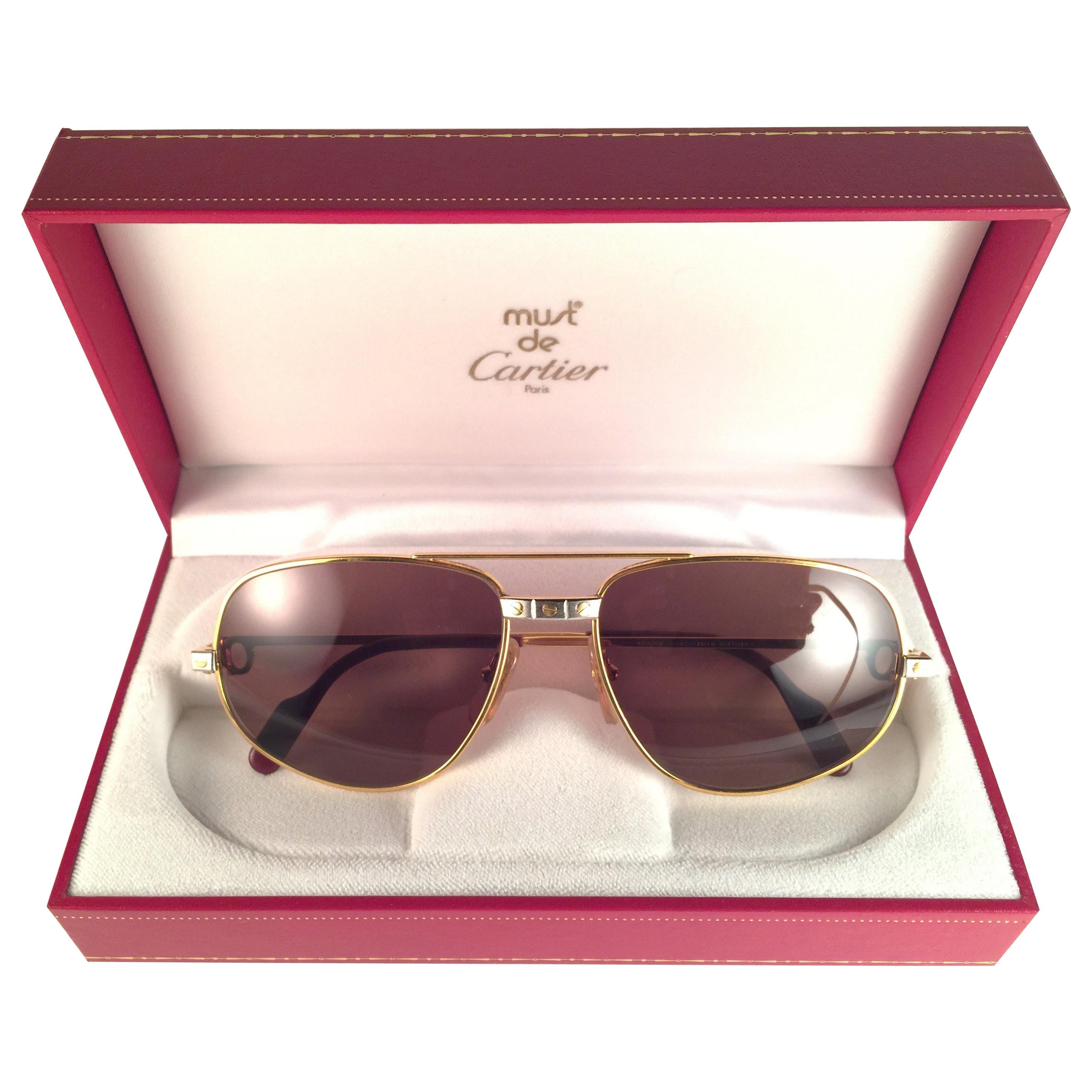 Vintage Cartier Romance Santos 58MM France 18k Gold Plated Sunglasses For Sale