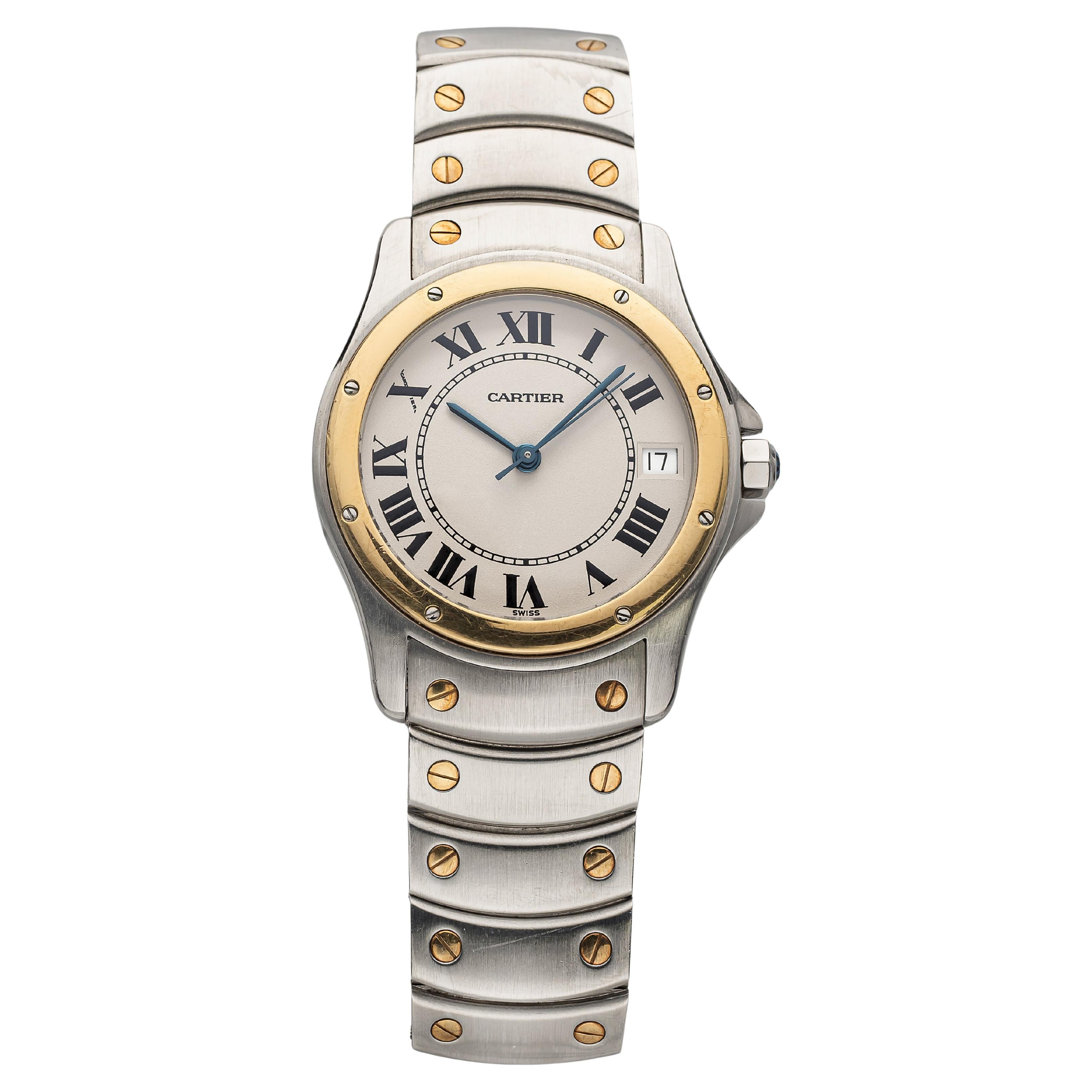 Vintage Cartier Rondo Runde Ref 1920-1 90er Jahre Automatik Weiß Römische Ziffern Zifferblatt im Angebot