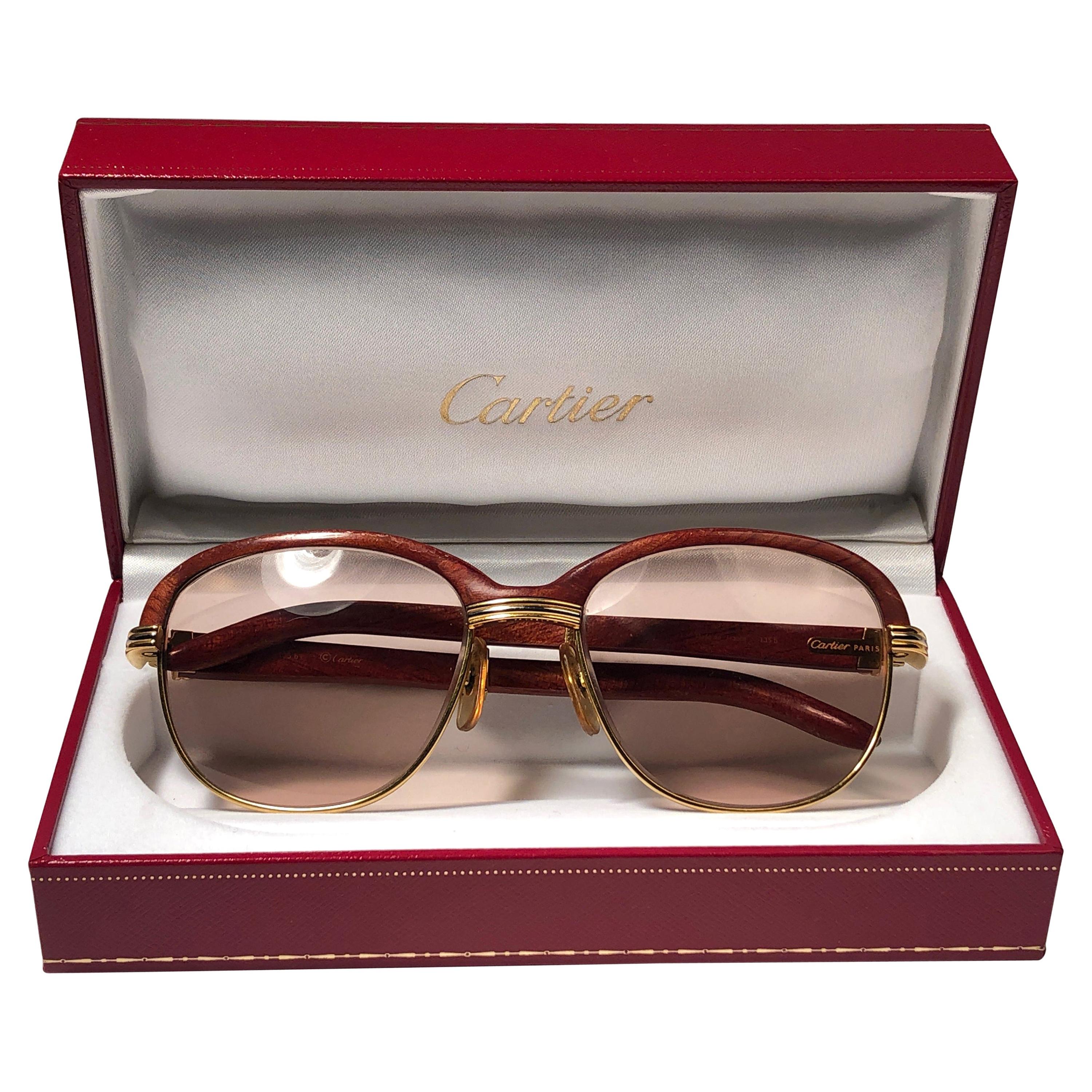 Vintage Cartier Rosewood Malmaison Precious Wood and Gold 56mm Sunglasses 