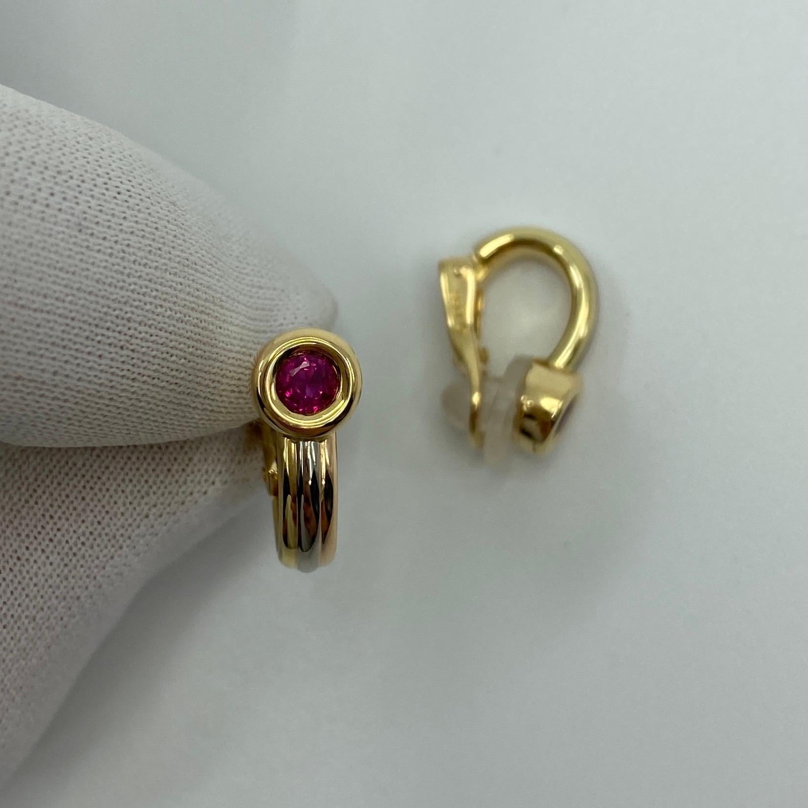 Round Cut Vintage Cartier Round Red Ruby 18k Gold Multi Tone Hoop Earrings in Cartier Box For Sale