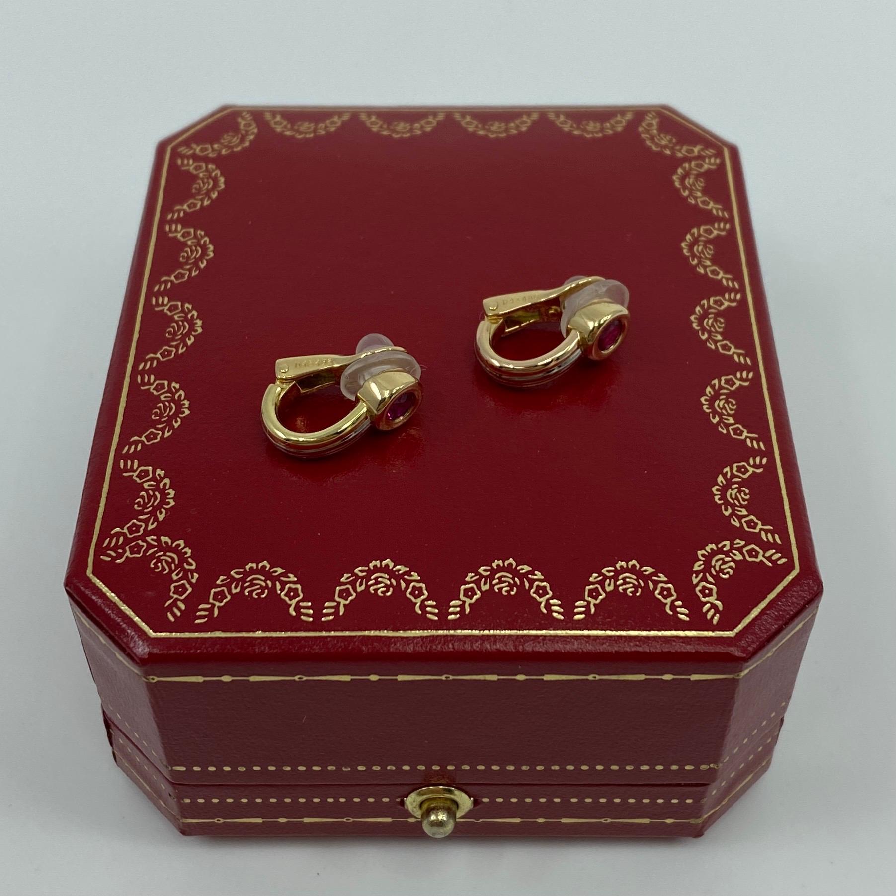 Vintage Cartier Round Red Ruby 18k Gold Multi Tone Hoop Earrings in Cartier Box In Excellent Condition For Sale In Birmingham, GB