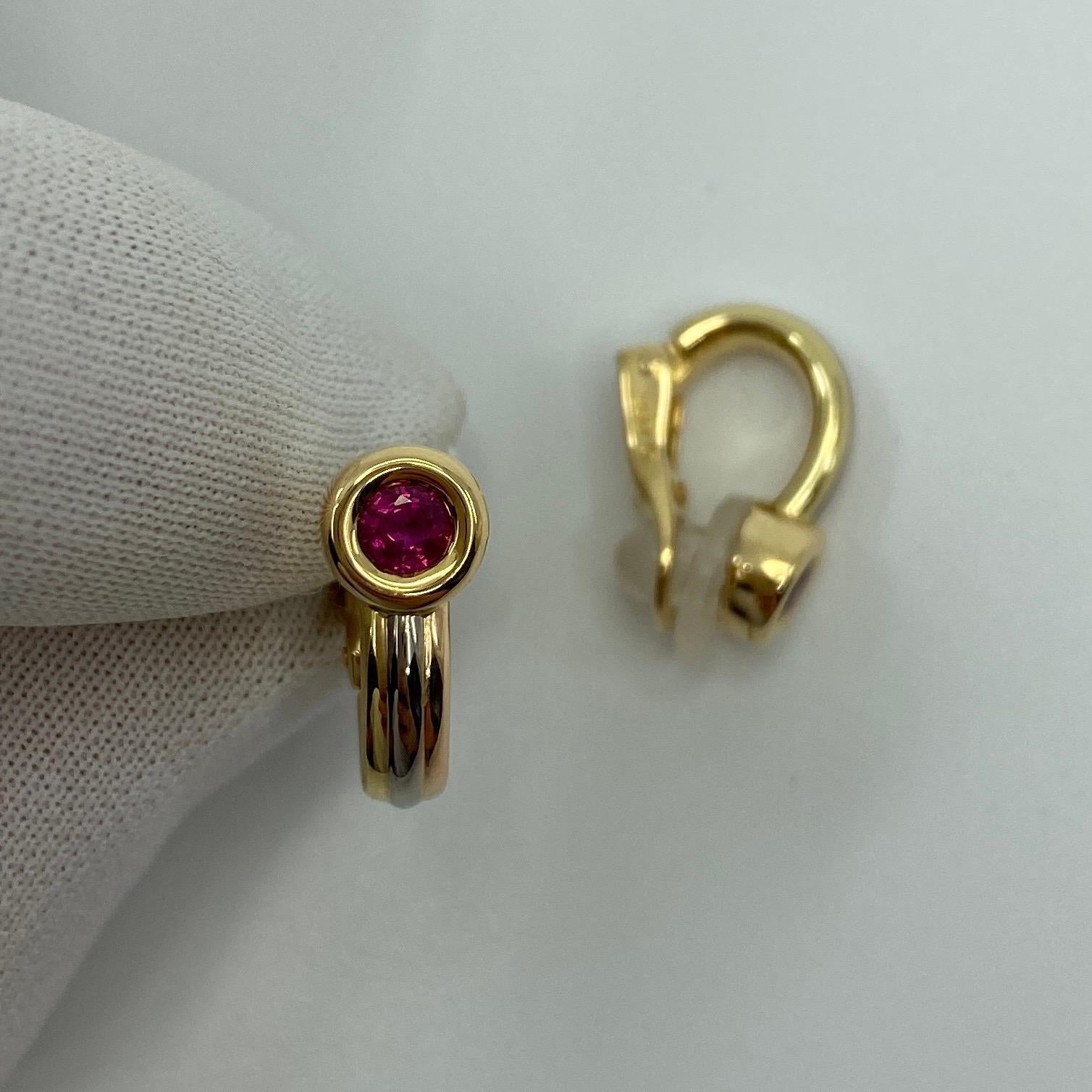 Women's or Men's Vintage Cartier Round Red Ruby 18k Gold Multi Tone Hoop Earrings in Cartier Box For Sale
