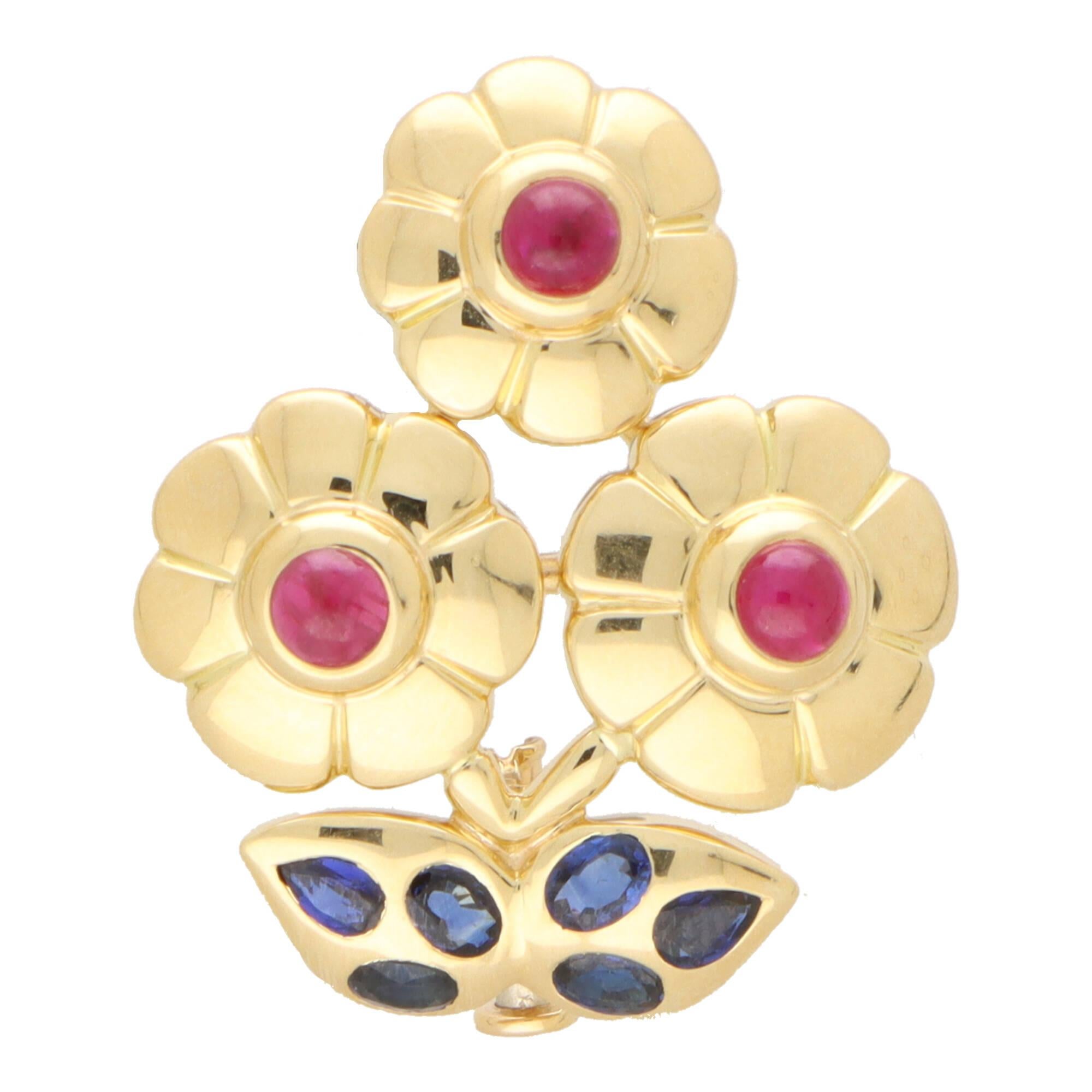 Modern Vintage Cartier Ruby and Blue Sapphire Flower Brooch For Sale