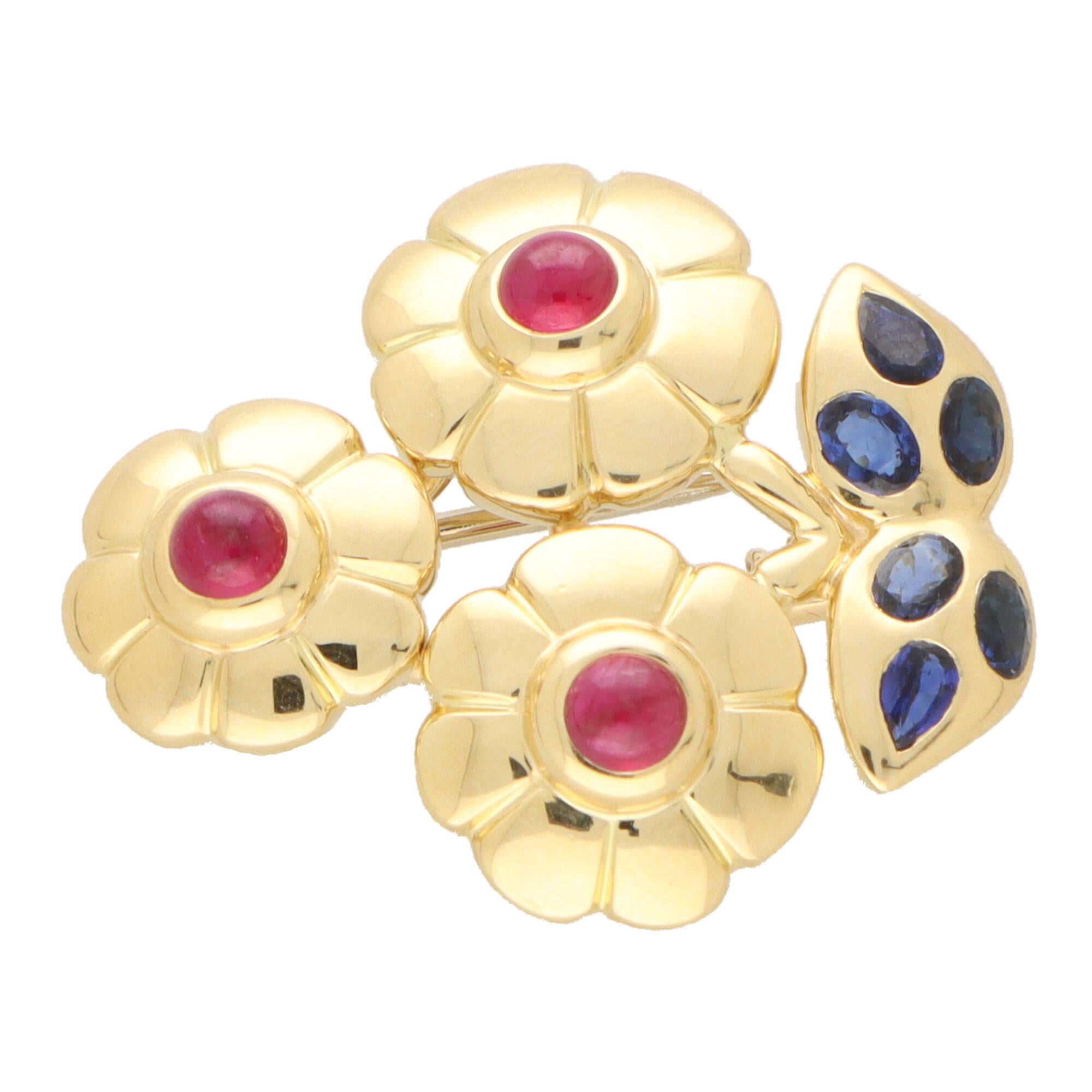 Cabochon Vintage Cartier Ruby and Blue Sapphire Flower Brooch For Sale