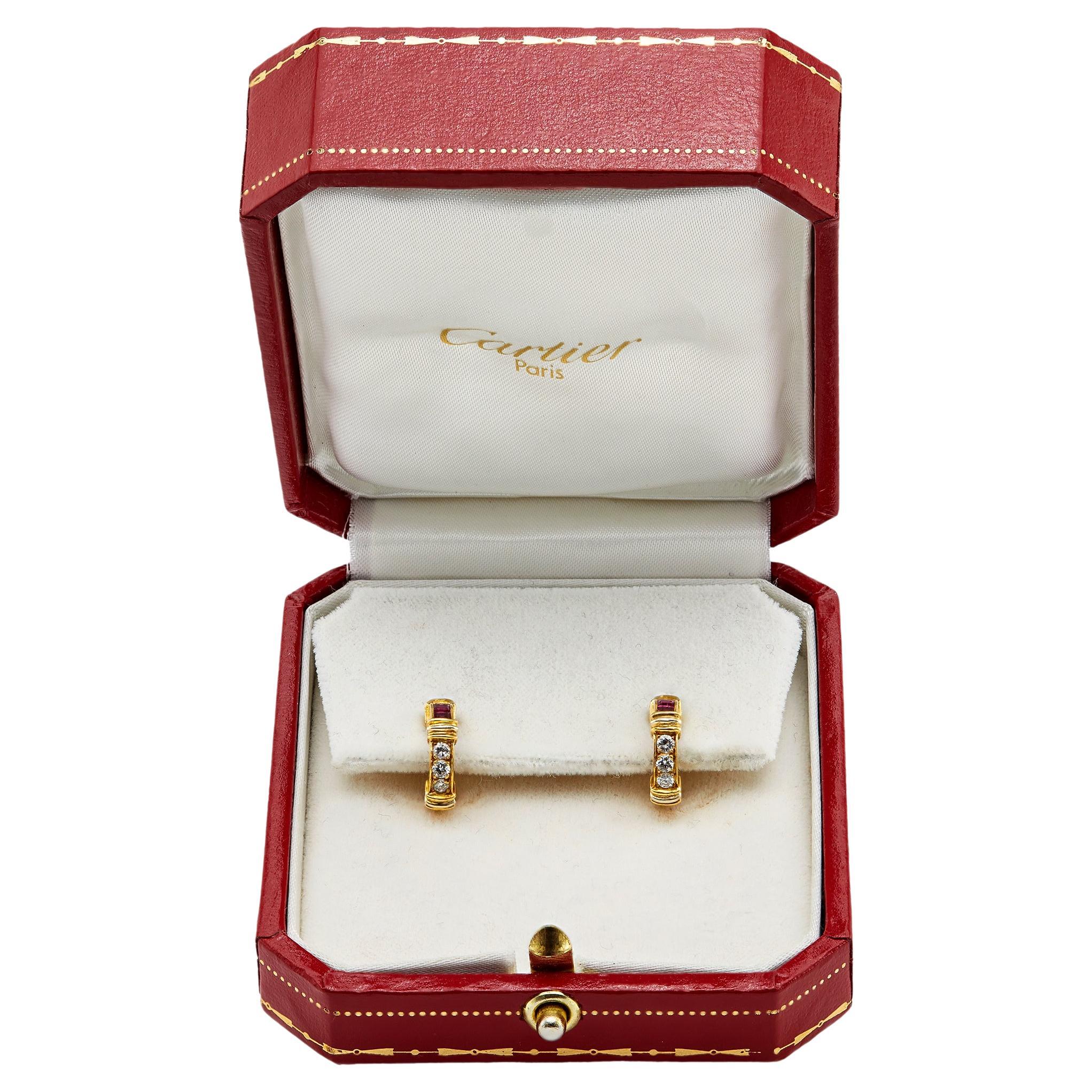 Vintage Cartier Ruby Diamond 18k Huggie Hoop Earrings