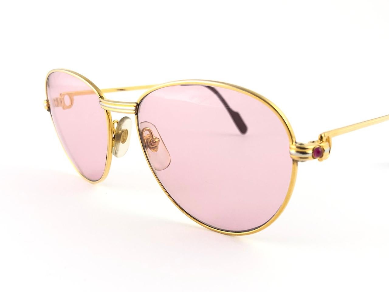 Or Lunettes de soleil Vintage Cartier Ruby France Louis Heavy Gold Plated 55mm en vente