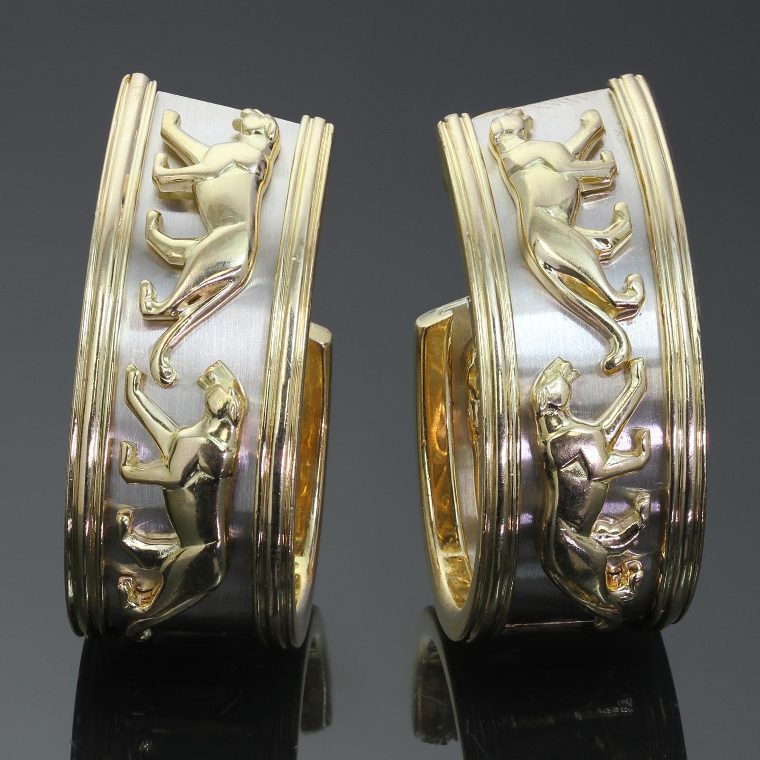 These gorgeous vintage Cartier clip-on cuff earrings features a classic design of running panthers crafted in 18k yellow and white gold. Made in France circa 1980s. Measurements: 0.55