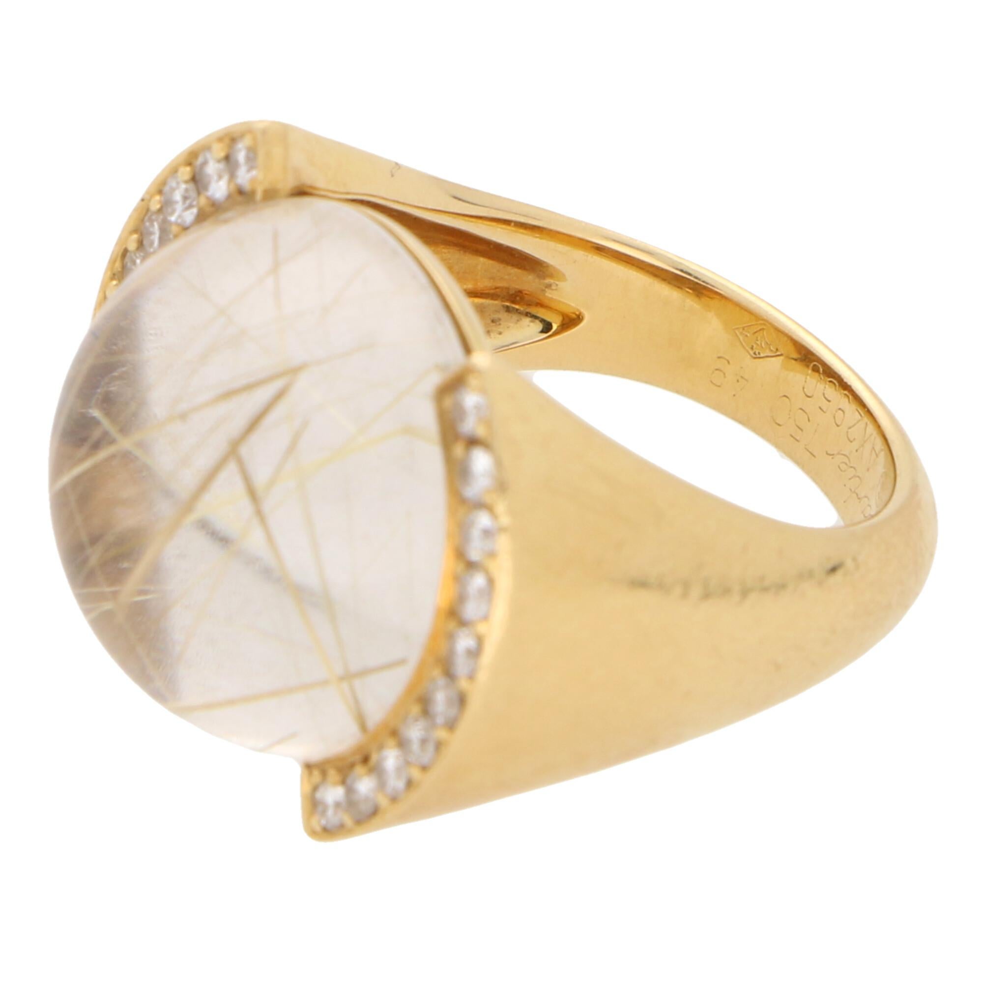Vintage Cartier Rutilated Quartz and Diamond Bombe Ring Set in 18 Karat Gold In Good Condition In London, GB