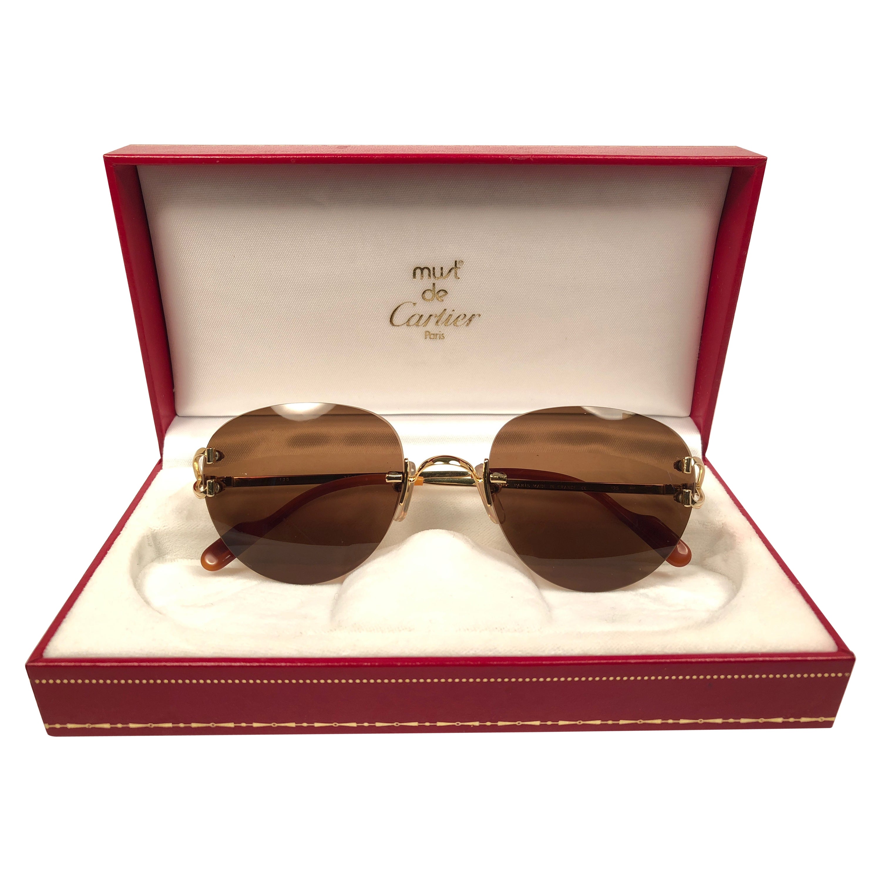 Occhiali da sole vintage Cartier Salisbury senza montatura in oro Made in France