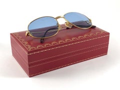 Vintage Cartier Santos Romance Blue Lenses 58mm 18k Gold Sunglasses