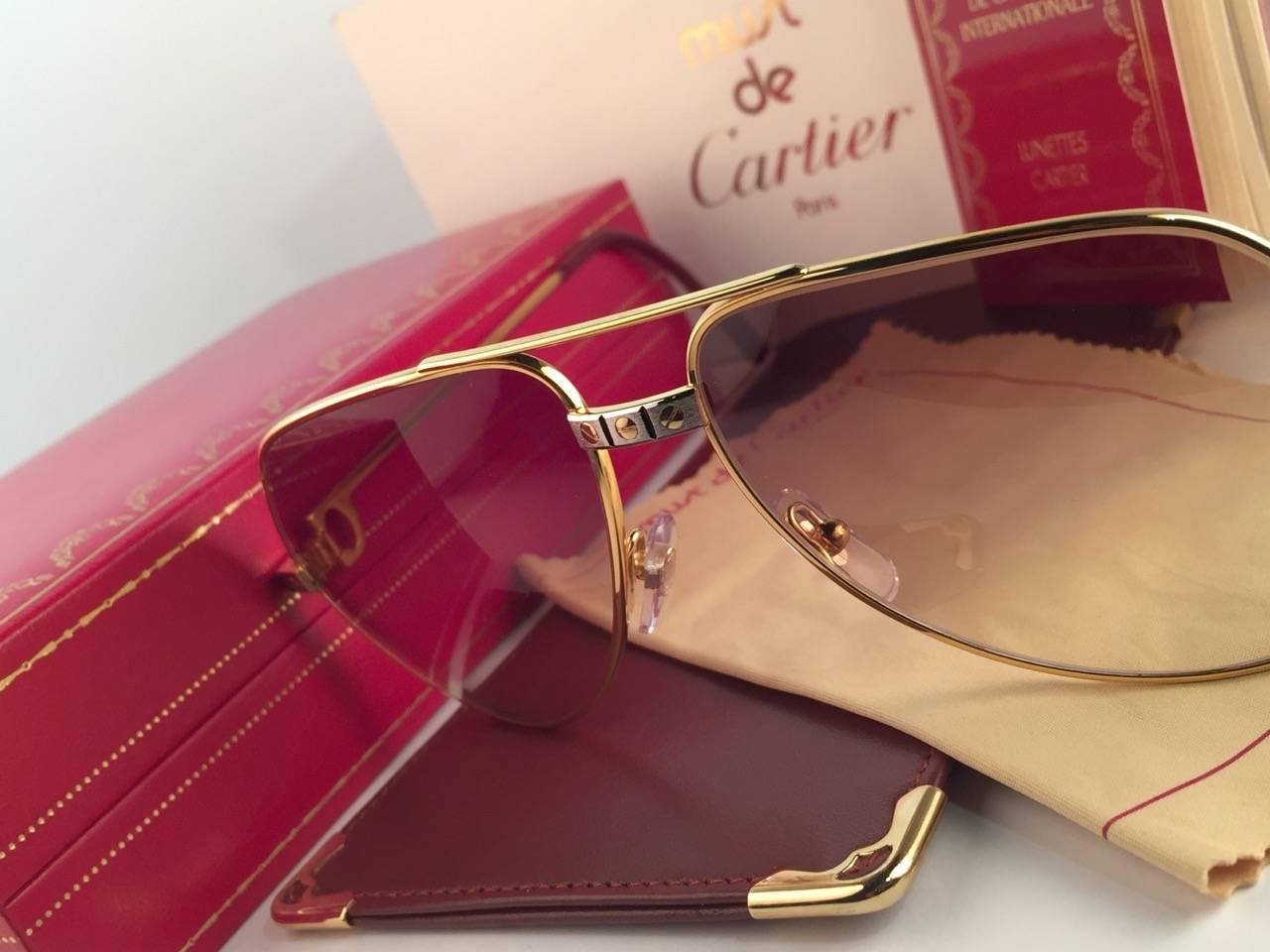 Brown Vintage Cartier Santos Screws 56mm Heavy Plated Sunglasses France For Sale