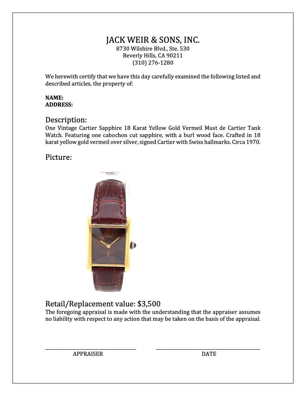 Vintage Cartier Sapphire 18 Karat Yellow Gold Vermeil Must de Cartier Tank Watch In Excellent Condition In Beverly Hills, CA