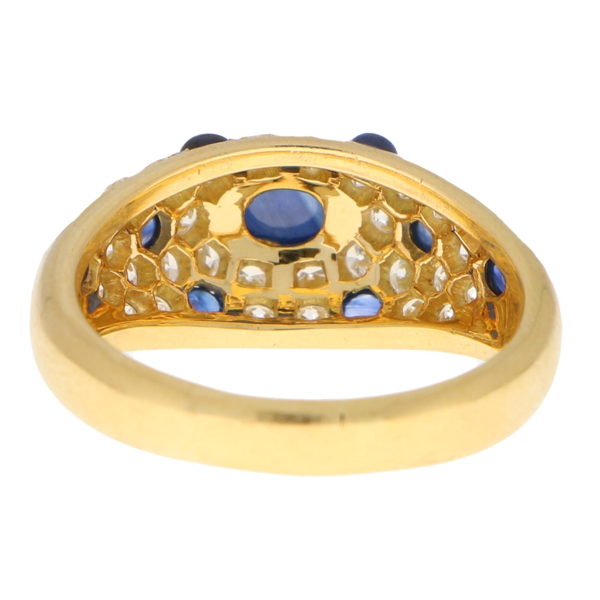 Retro Vintage Cartier Sapphire and Diamond Dome Bombe Ring Set in 18k Yellow Gold