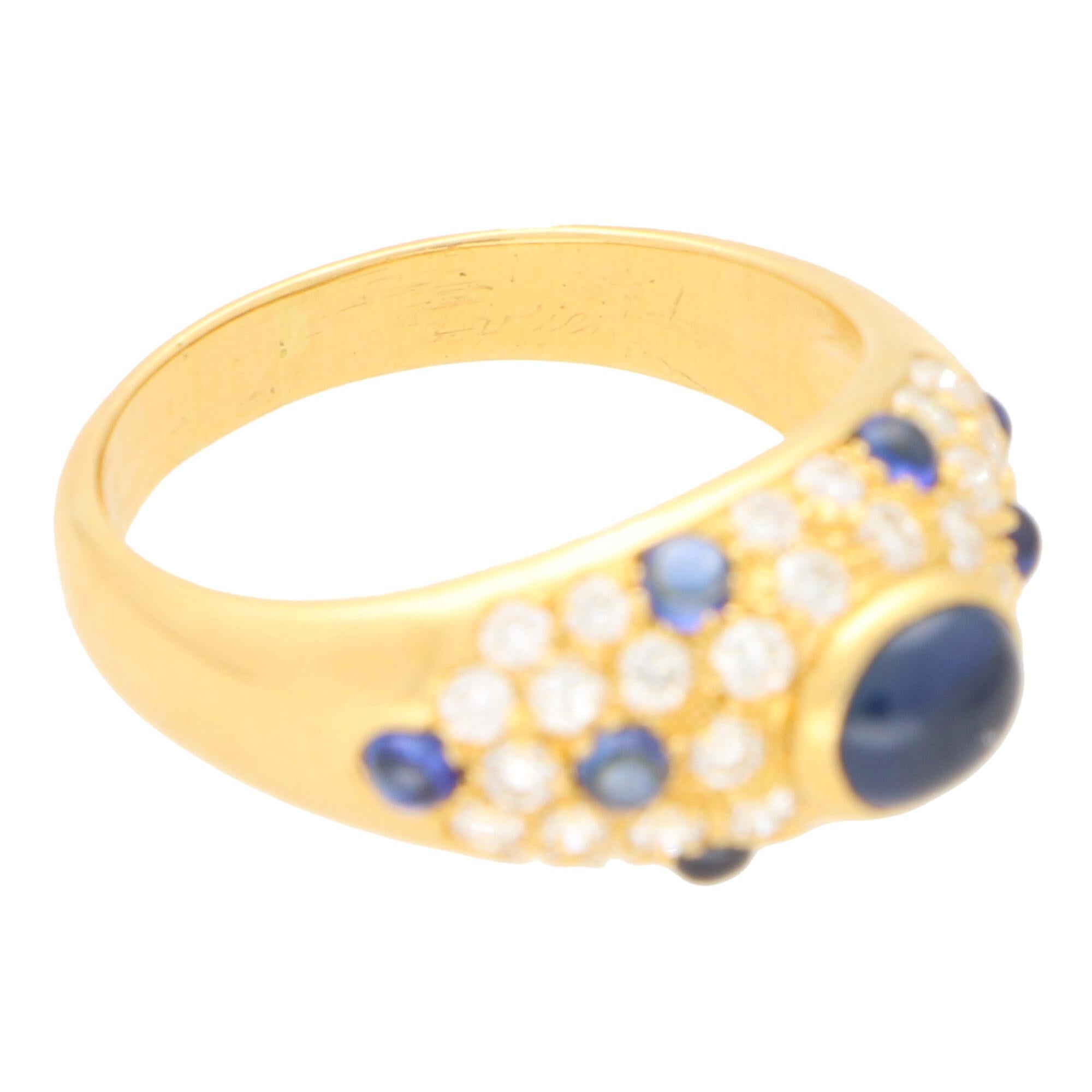 Cabochon Vintage Cartier Sapphire and Diamond Dome Bombe Ring Set in 18k Yellow Gold