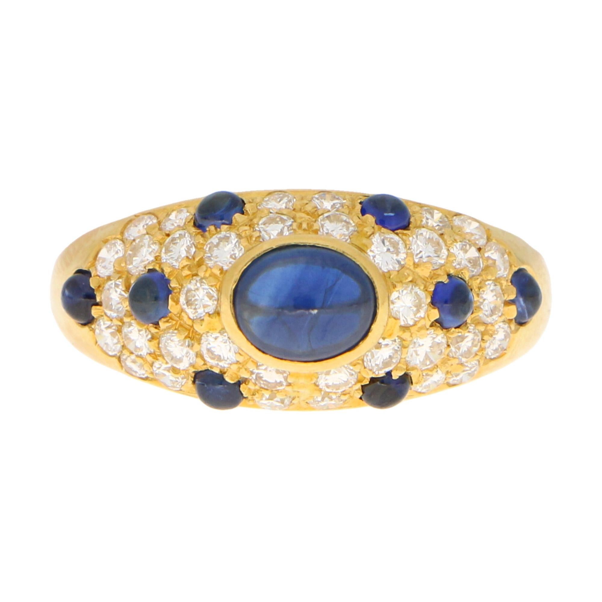 Vintage Cartier Sapphire and Diamond Dome Bombe Ring Set in 18k Yellow Gold