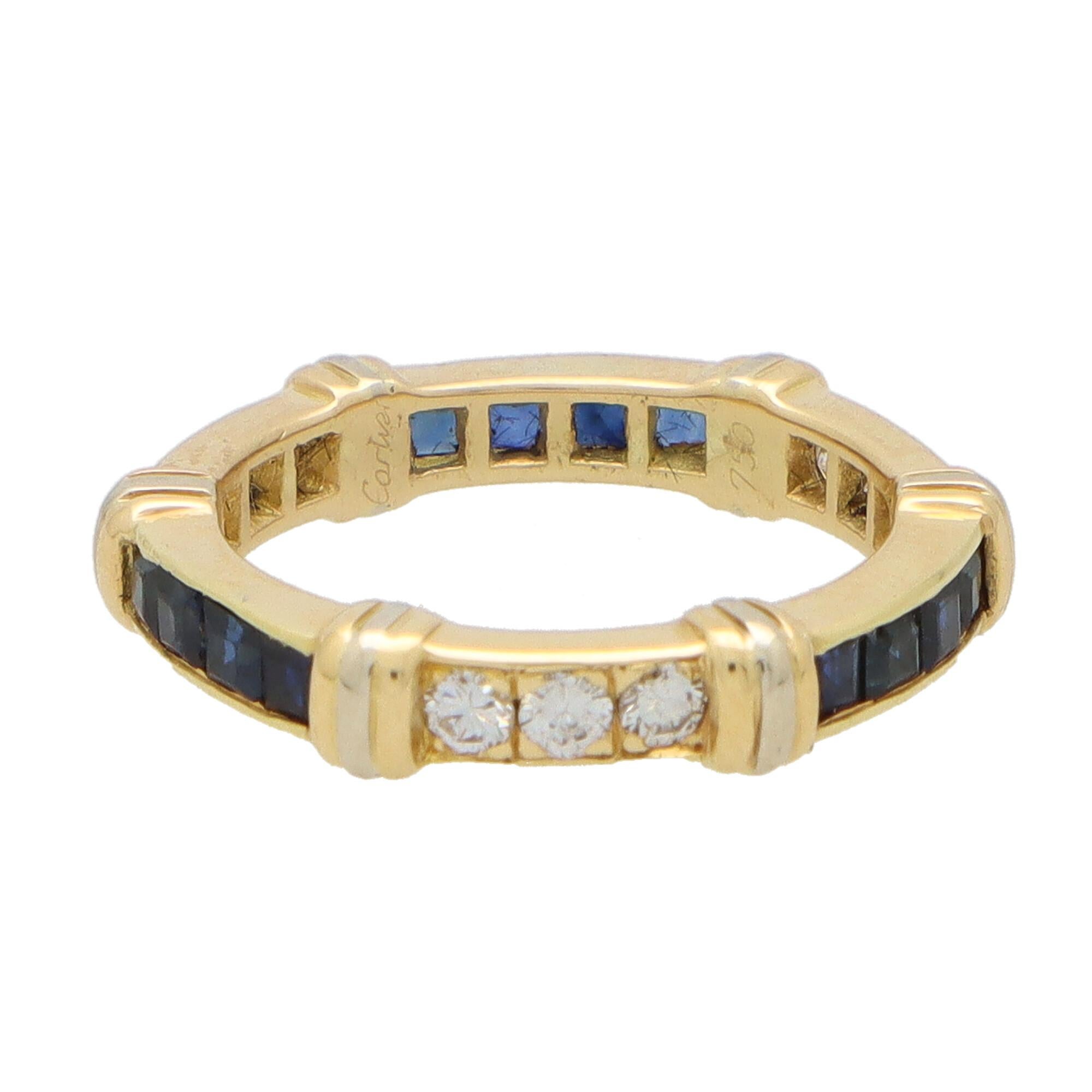Retro Vintage Cartier Sapphire and Diamond Eternity Band Ring Set in 18k Yellow Gold