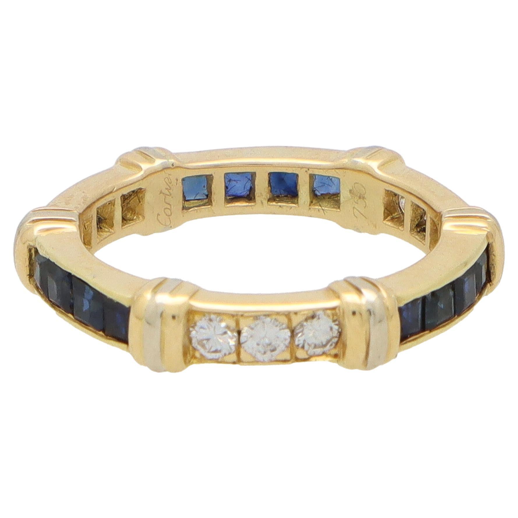 Vintage Cartier Sapphire and Diamond Eternity Band Ring Set in 18k Yellow Gold