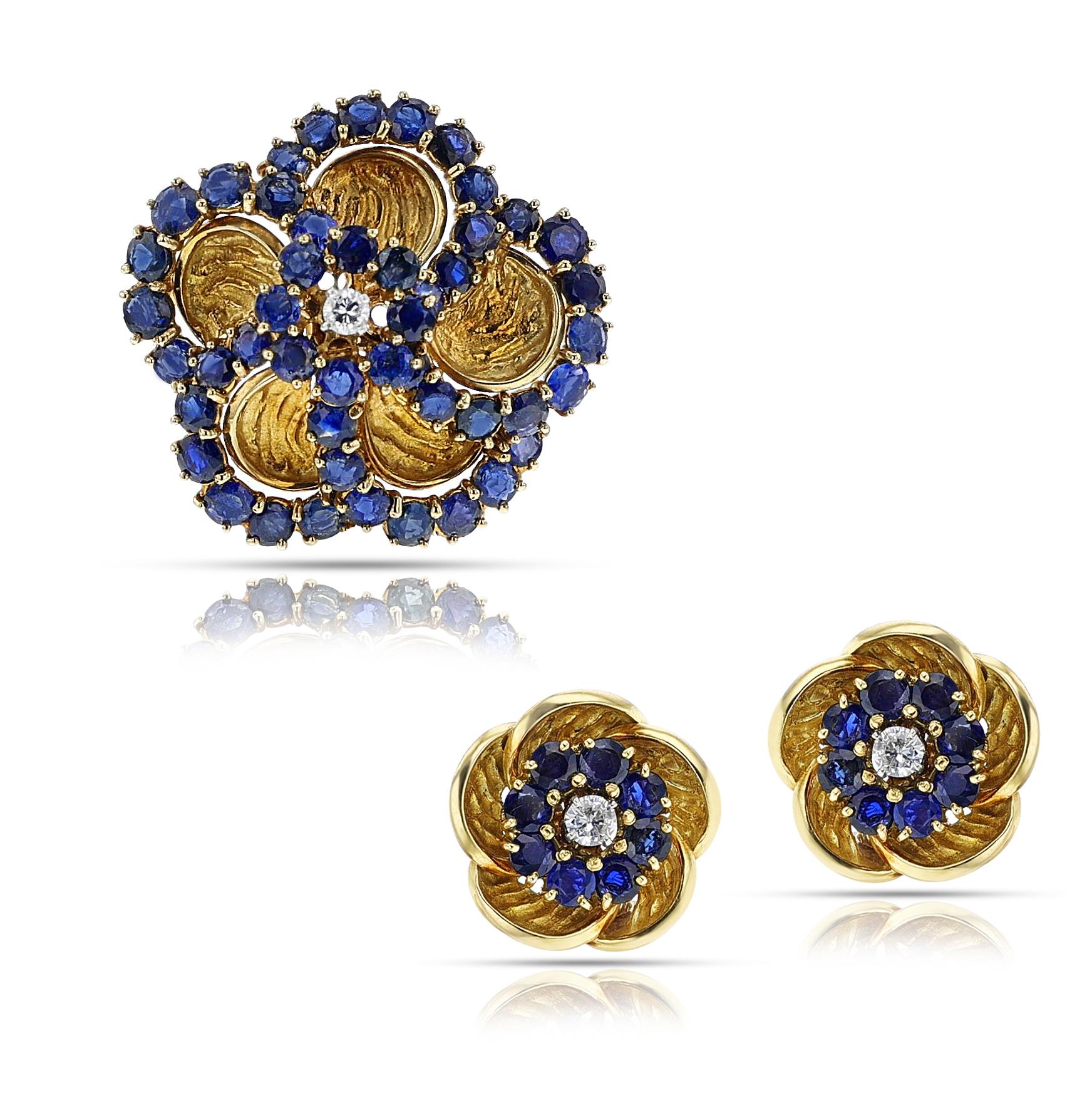 Round Cut Vintage Cartier Sapphire and Diamond Floral Pendant Brooch and Earring Set For Sale
