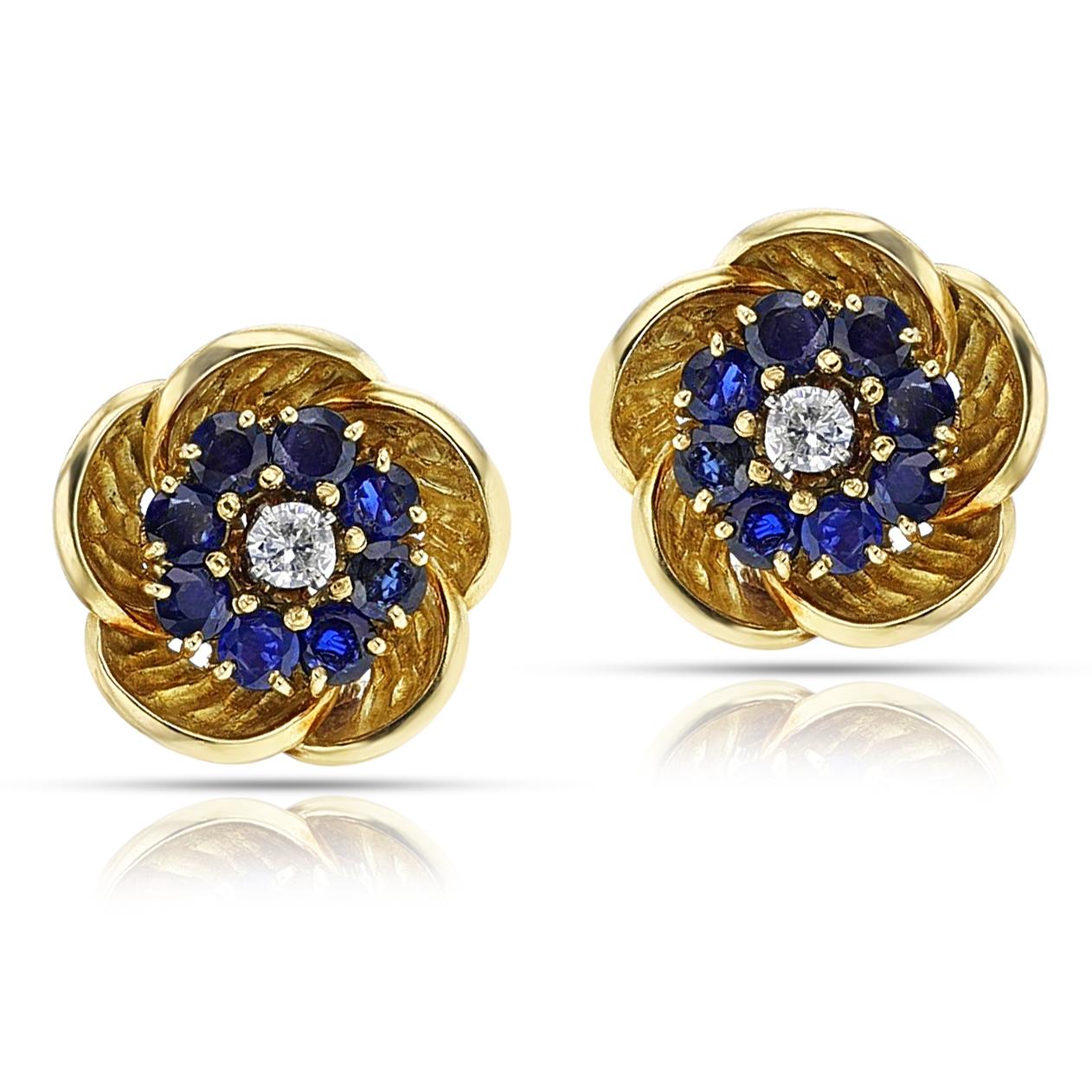 Vintage Cartier Sapphire and Diamond Floral Pendant Brooch and Earring Set For Sale 1