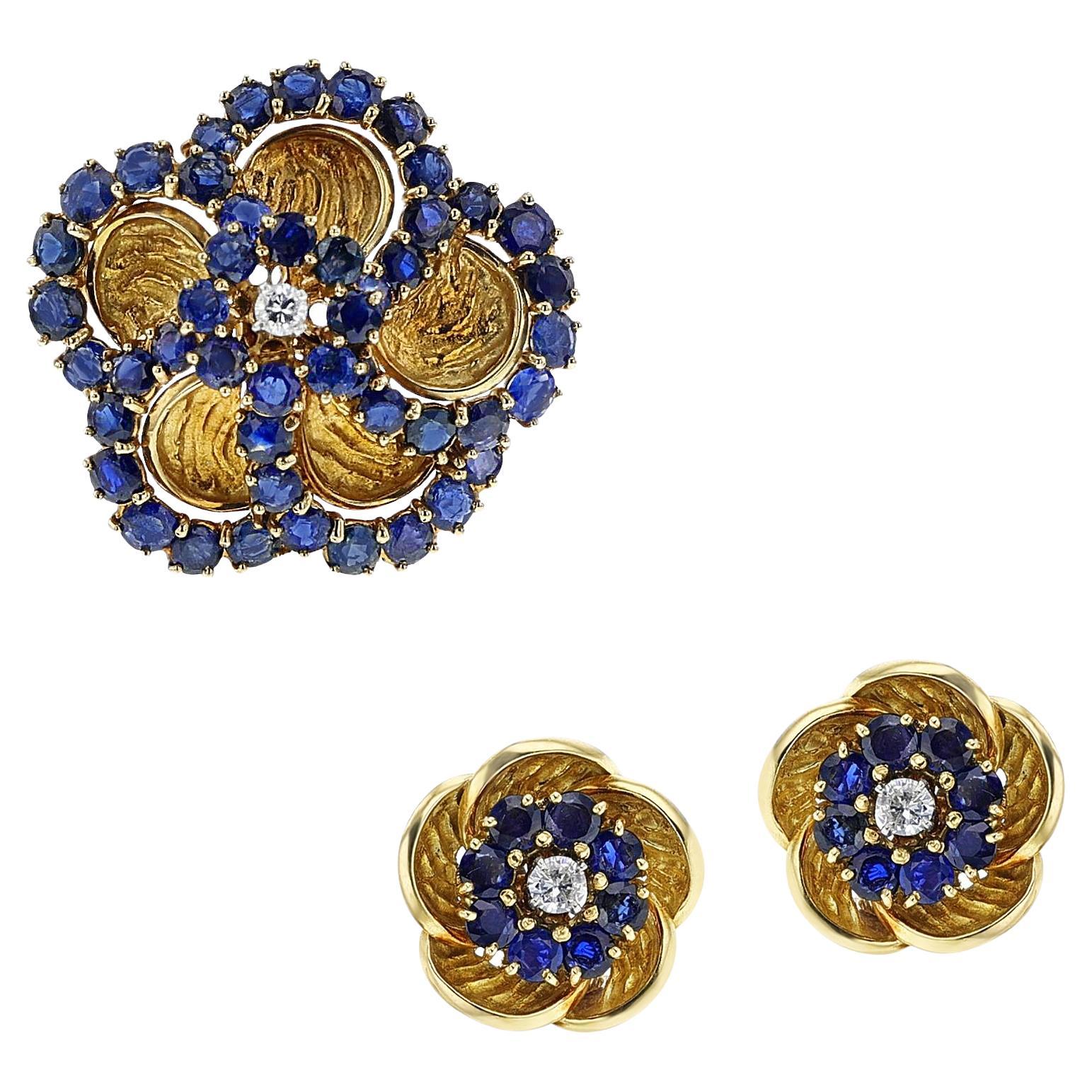 Vintage Cartier Sapphire and Diamond Floral Pendant Brooch and Earring Set