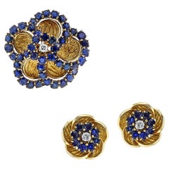 Vintage Cartier Sapphire and Diamond Floral Pendant Brooch and Earring Set