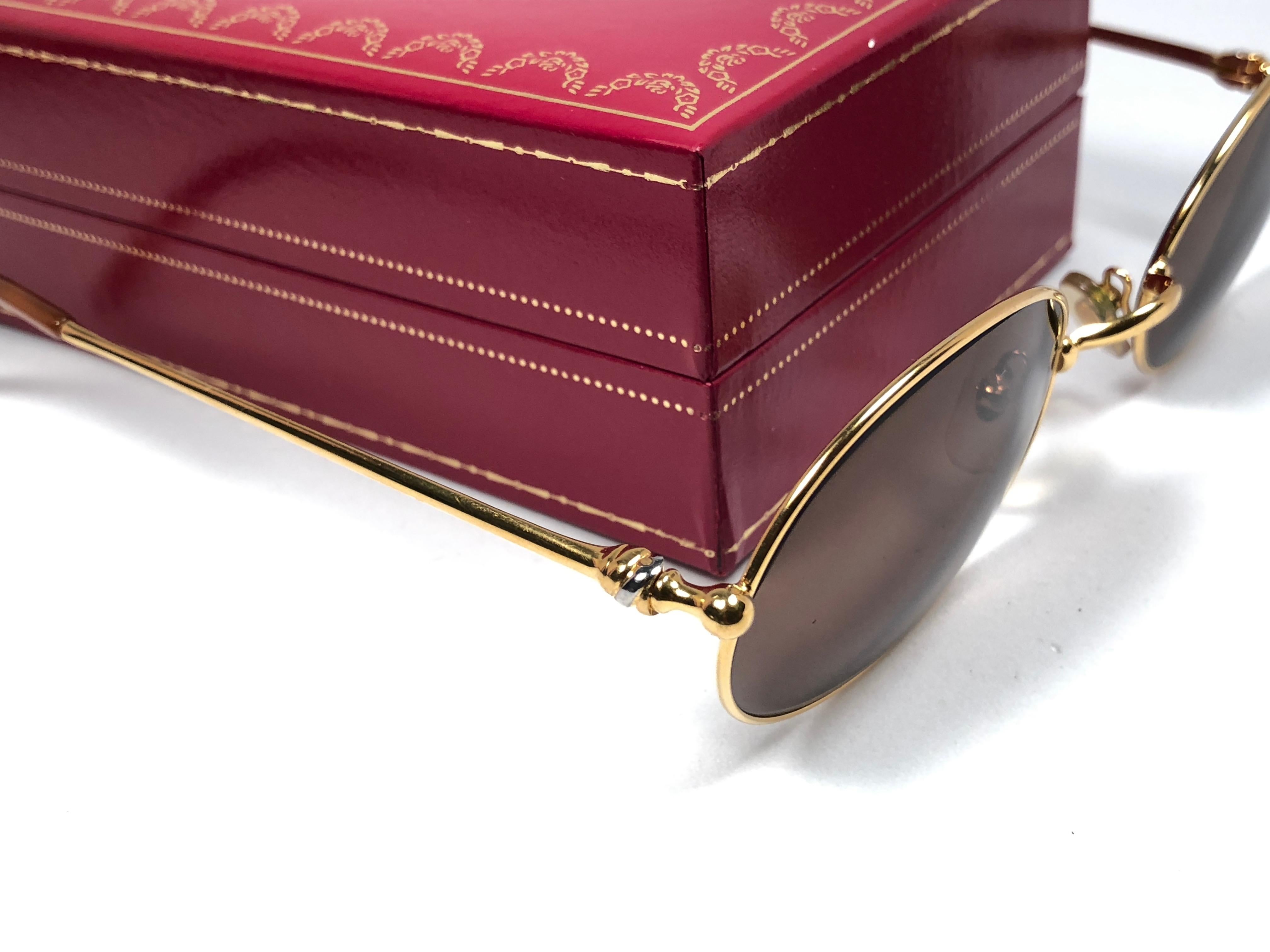 Vintage Cartier Saturne Gold Plated Solid Brown Lens France 1990 Sunglasse 1