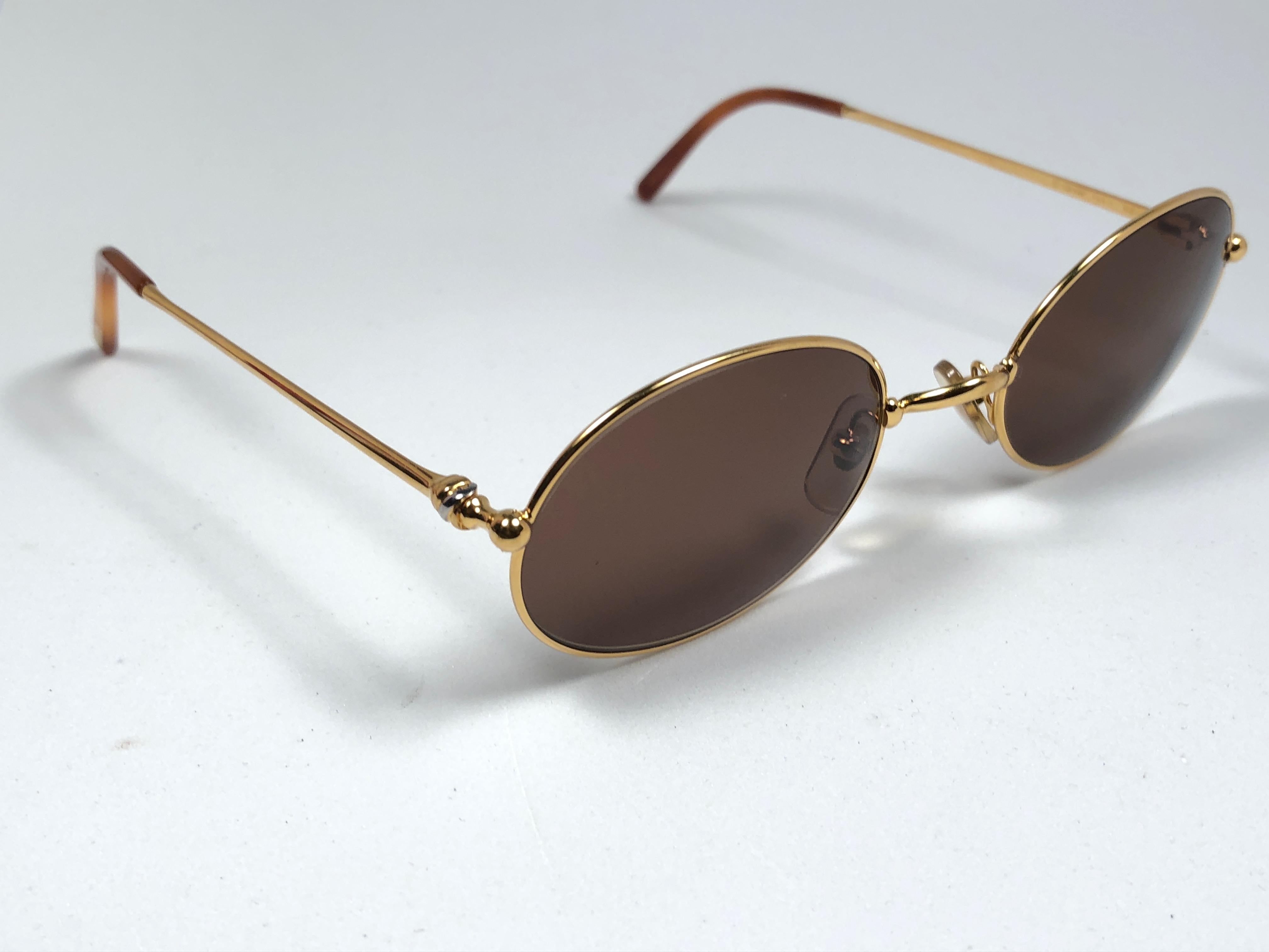Vintage Cartier Saturne Gold Plated Solid Brown Lens France 1990 Sunglasse 2