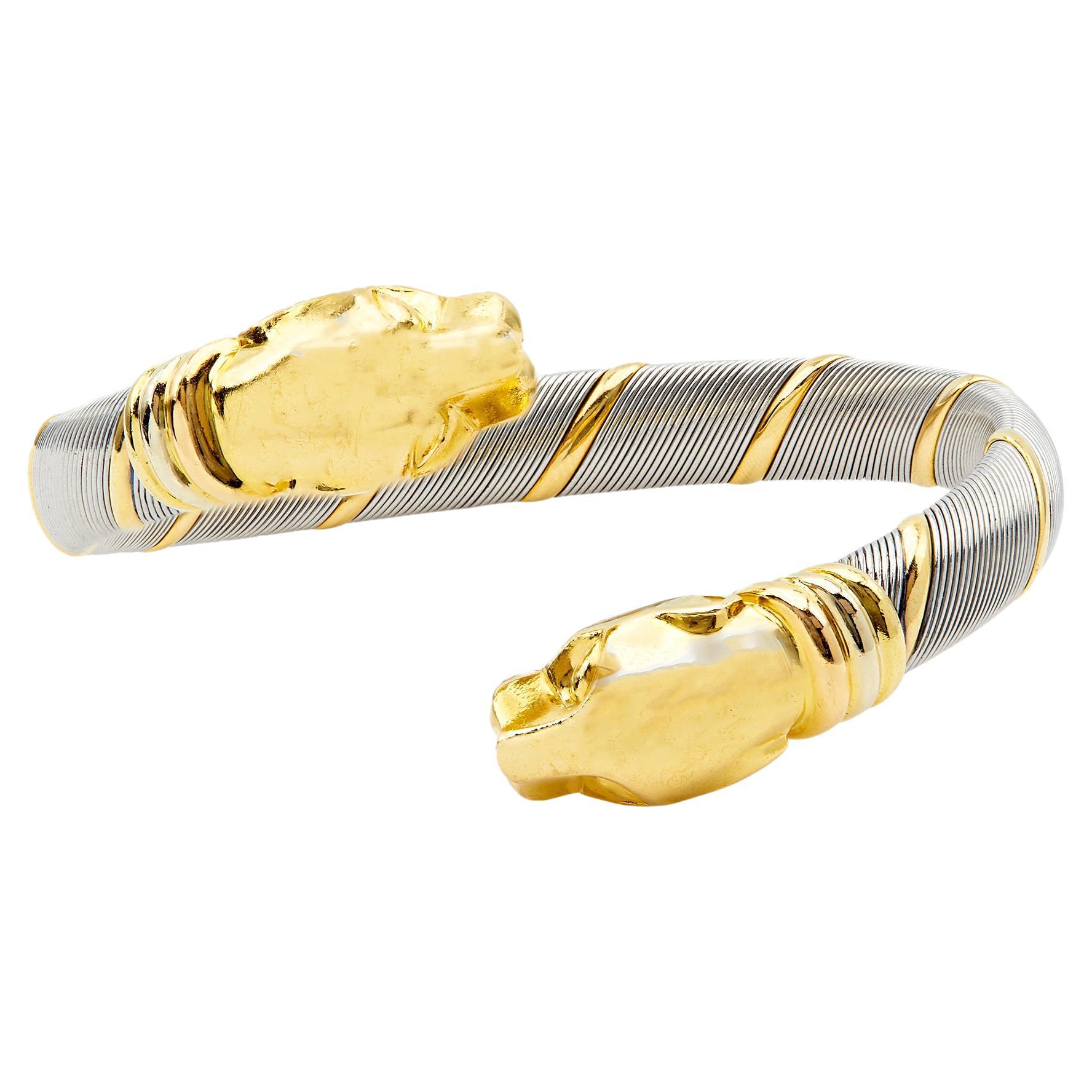 Vintage Cartier Stainless Steel and 18k Yellow Gold Panthère Bangle