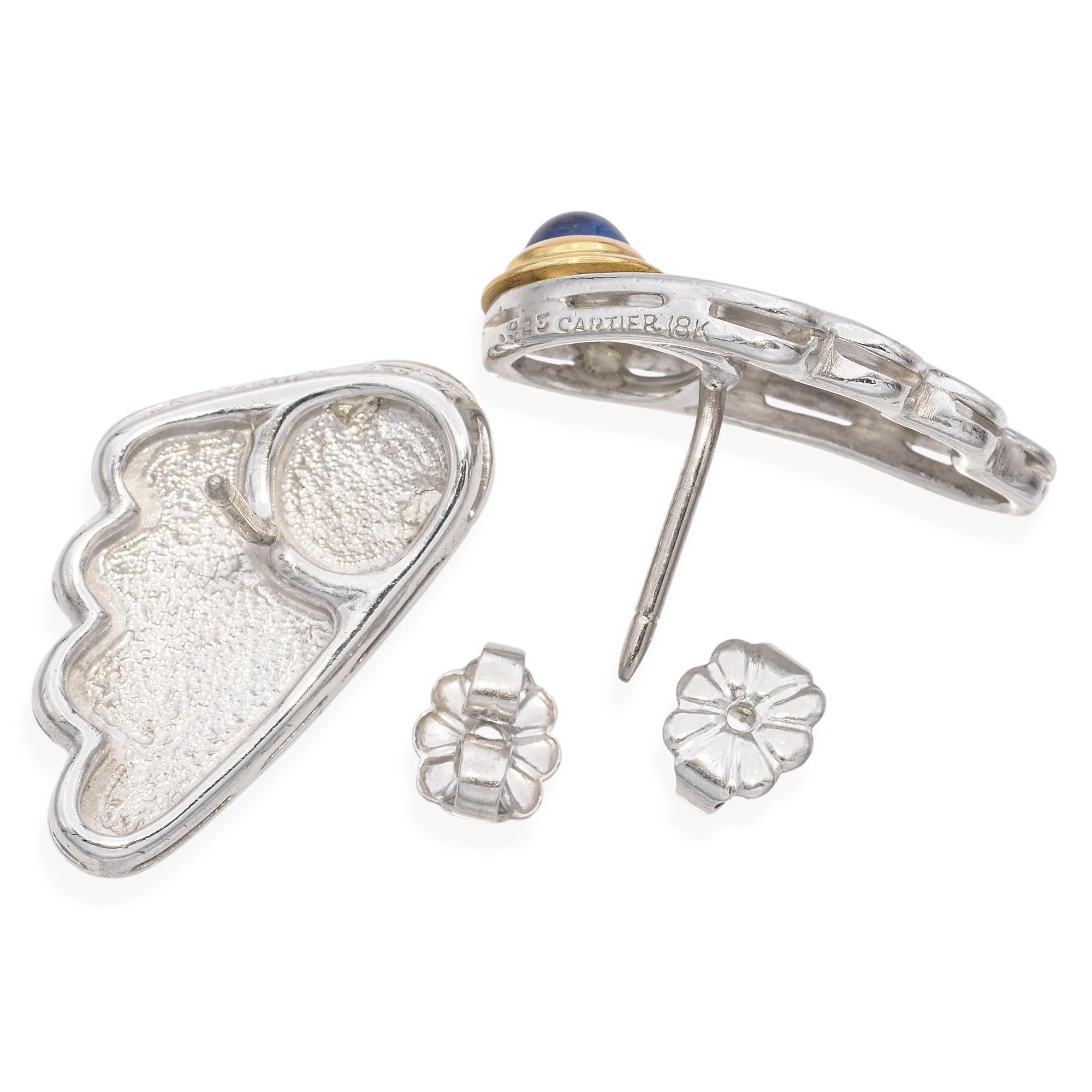Vintage Cartier Ohrringe aus Sterlingsilber & 18k Gelbgold mit Saphir-Cabochon Damen