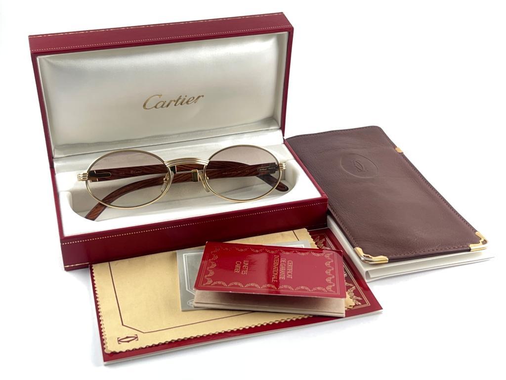 Vintage Cartier Sully Gold and Wood 53/22 Full Set Brown Lens France Sunglasses For Sale 3