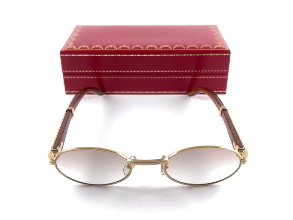 Vintage Cartier Sully Gold and Wood 53/22 Full Set Brown Lens France Sunglasses For Sale 4