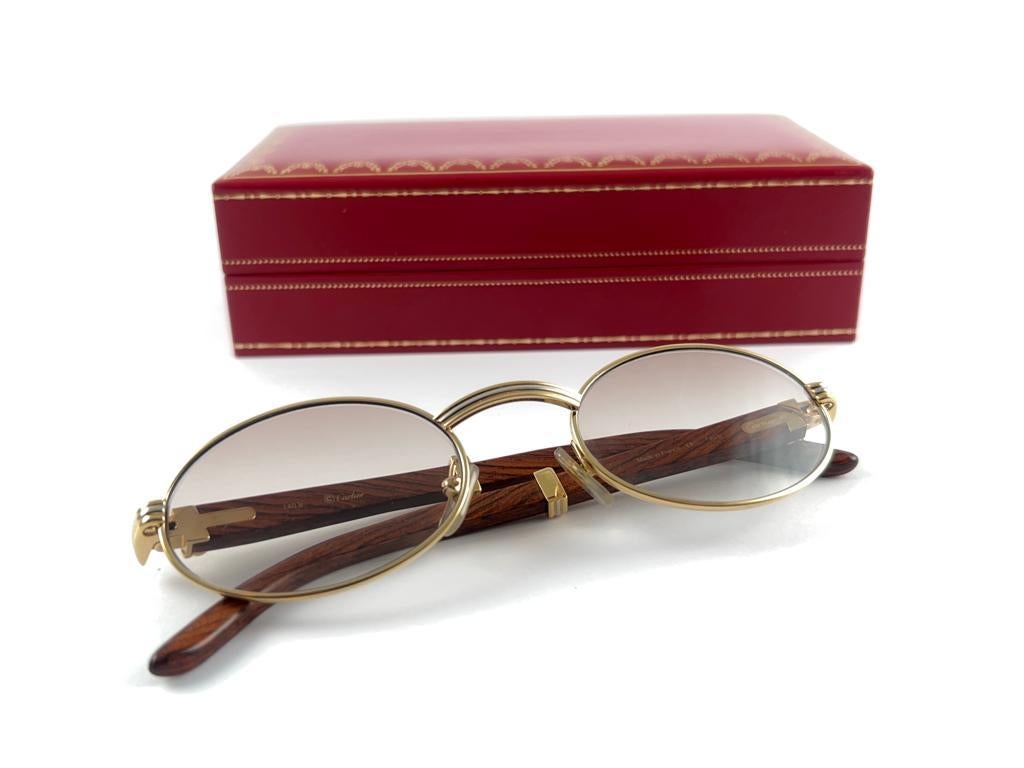 Vintage Cartier Sully Gold and Wood 53/22 Full Set Brown Lens France Sunglasses For Sale 5