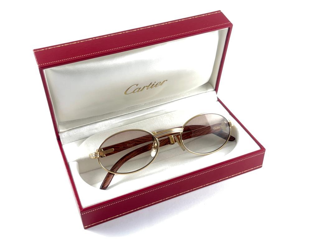 Vintage Cartier Sully Gold and Wood 53/22 Full Set Brown Lens France Sunglasses For Sale 6