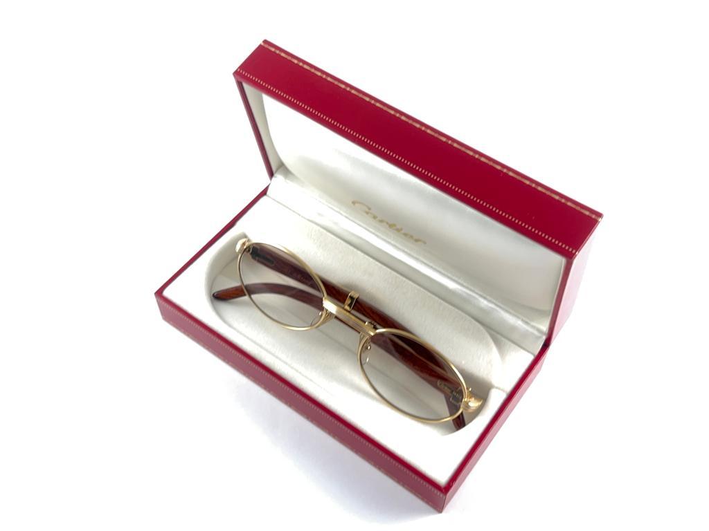 Vintage Cartier Sully Gold and Wood 53/22 Full Set Brown Lens France Sunglasses For Sale 8