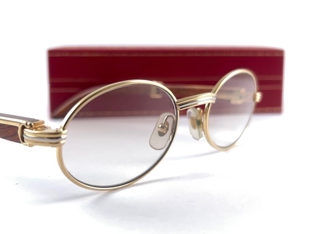 Vintage Cartier Sully Gold und Holz 53/22 Full Set Brown Lens Frankreich Sonnenbrille für Damen oder Herren im Angebot