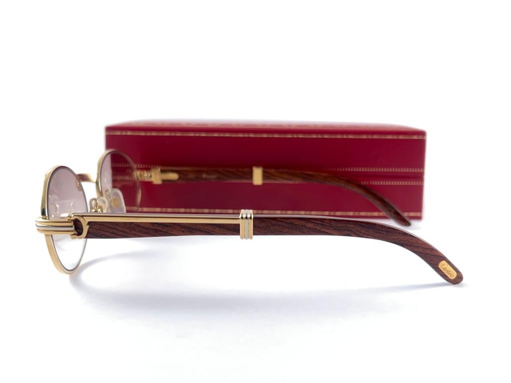 Vintage Cartier Sully Gold and Wood 53/22 Full Set Brown Lens France Sunglasses For Sale 2