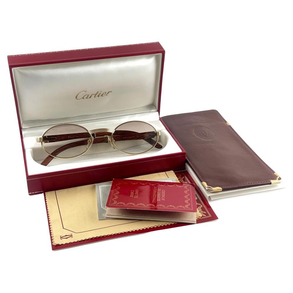 Vintage Cartier Sully Gold and Wood 53/22 Full Set Brown Lens France Sunglasses For Sale