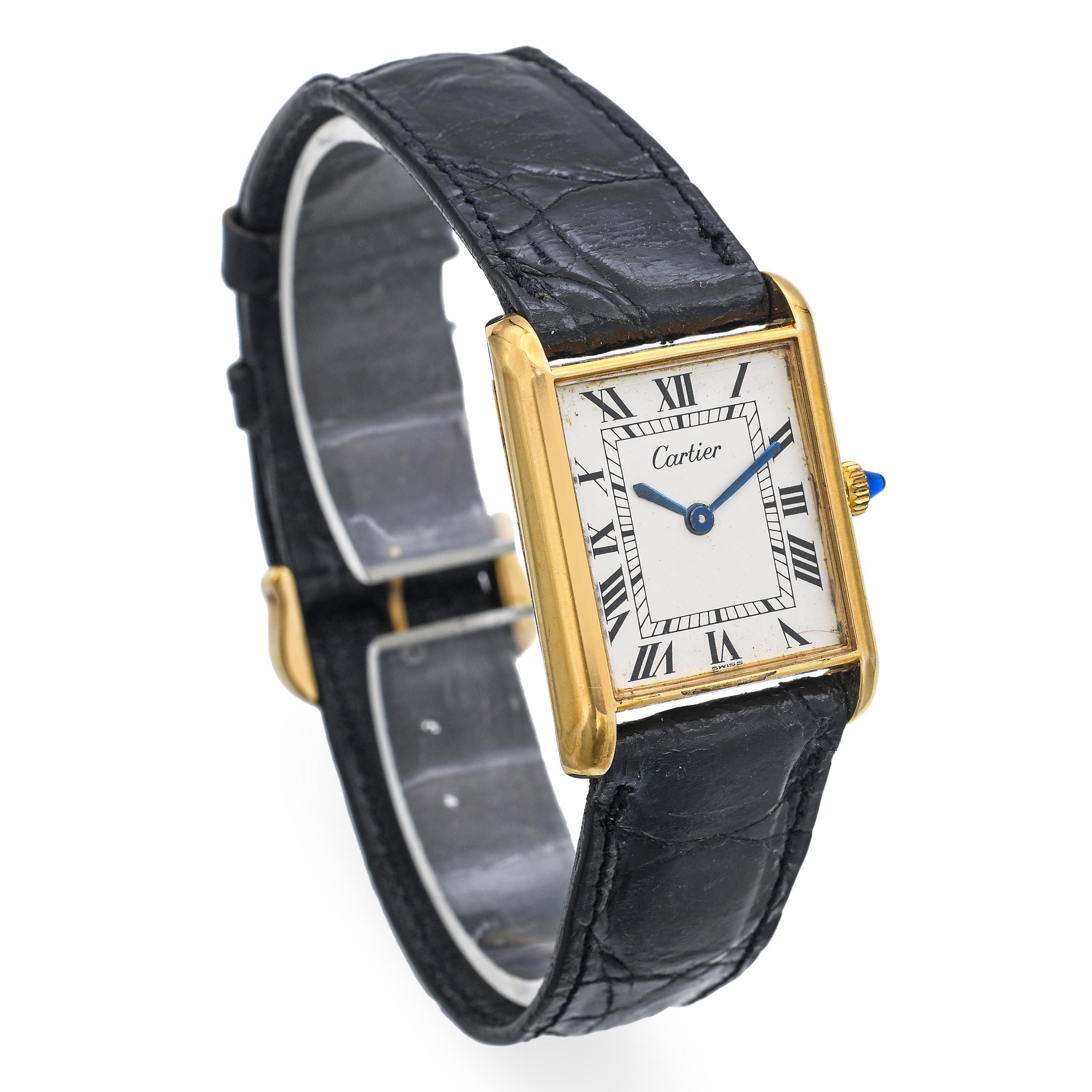 Reloj mecánico de caballero vintage Cartier Tank 18k chapado en oro en Bueno estado para la venta en New York, NY