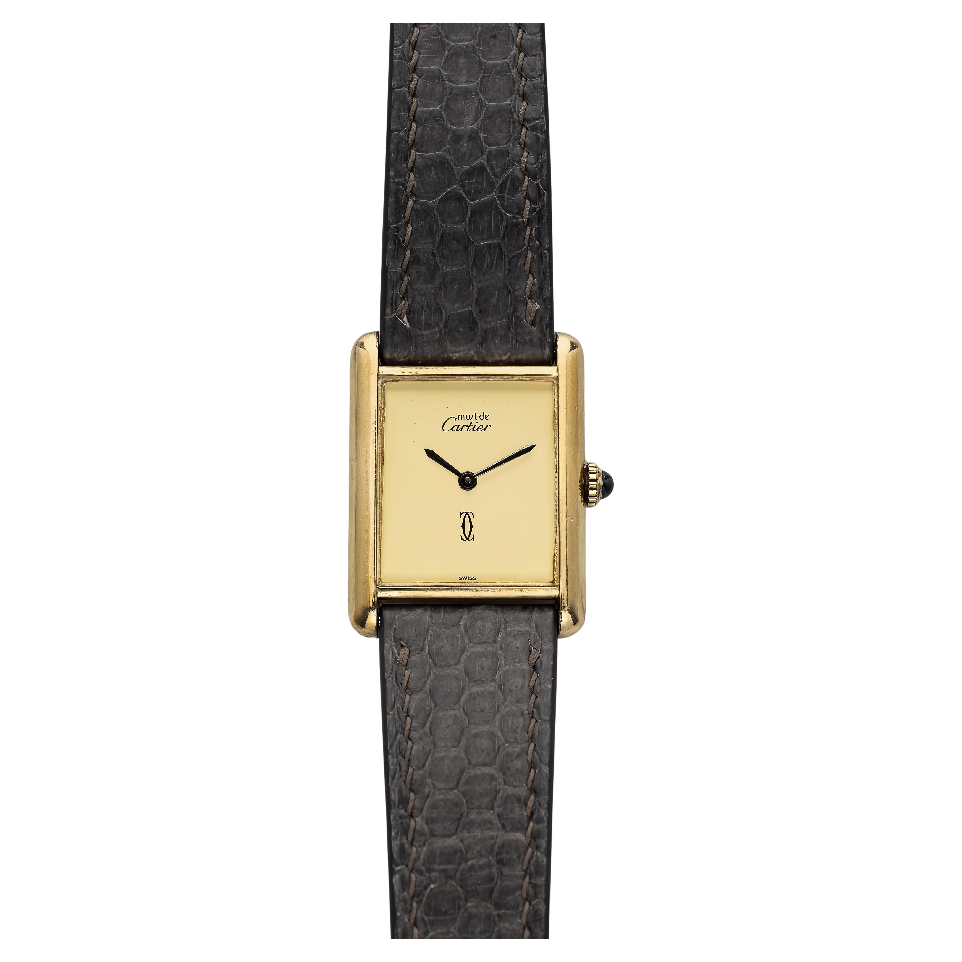 Vintage Cartier Tank 1980s Lemon Dial Manual Wind Electroplated 23x30mm Case. For Sale