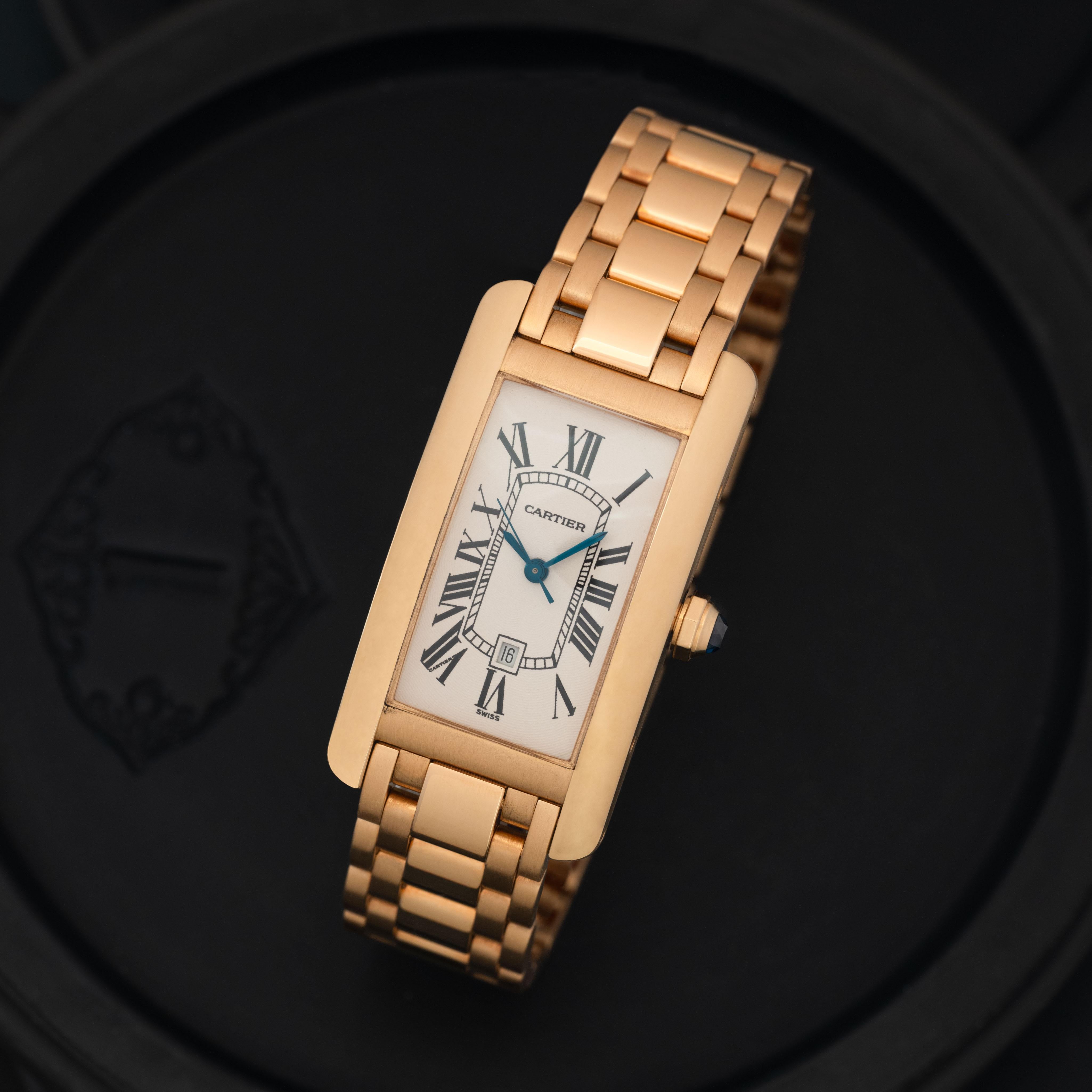 Vintage Cartier Tank Américaine 18 Karat Yellow Gold Model W26035K2  23mm x 42mm Dial, Automatic Movement c.1980s

Maker: Cartier
Model: Tank Américaine 
Year: 1980-1989
Material: 18K Yellow Gold
Dial: Silver with Date Function 
Case Measurement: