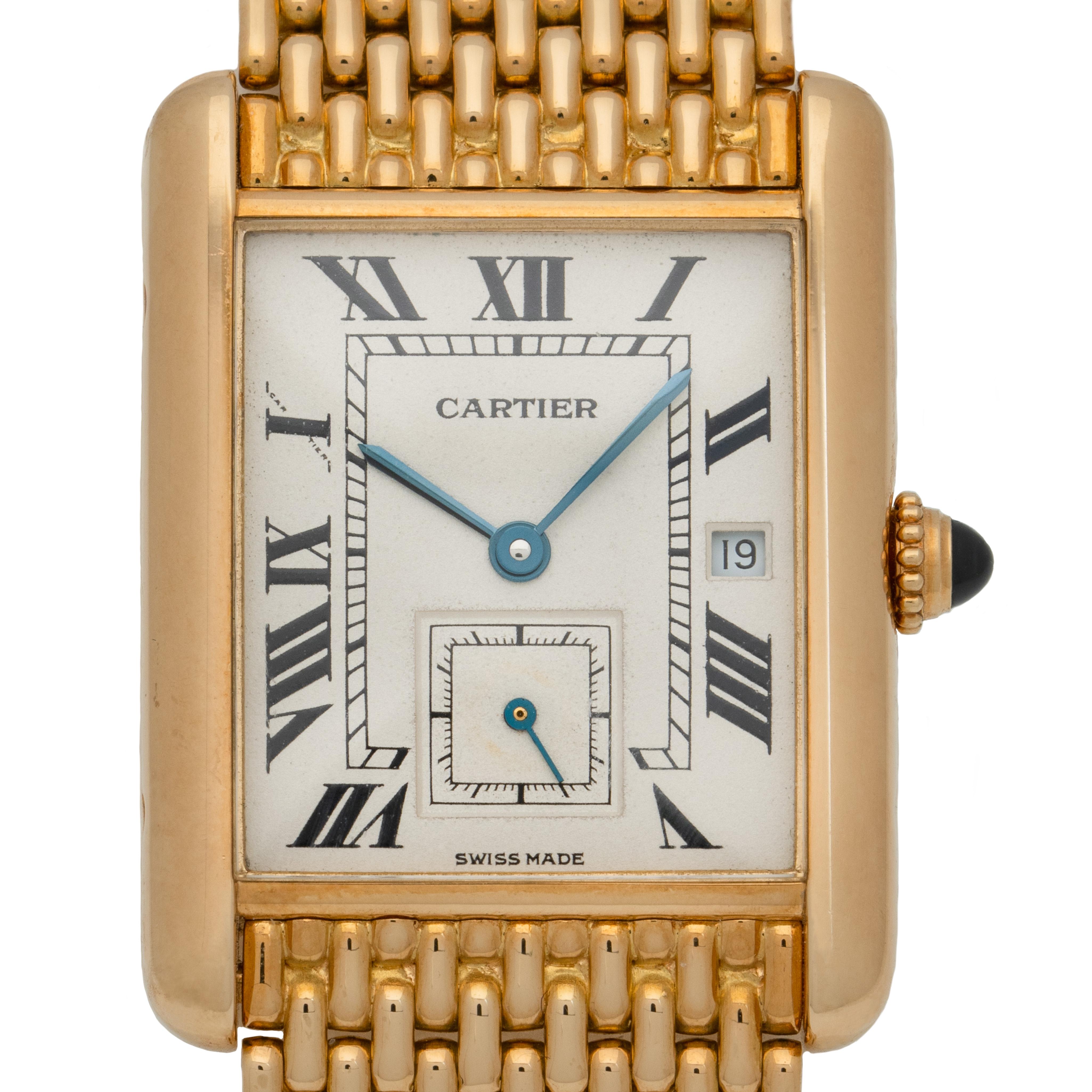 Vintage Cartier Tank Louis 18 Karat Yellow Gold 
Model 8110 
c. 1990
Quartz Movement
Beautiful and Classic Cartier Watch
Bracelet is 8