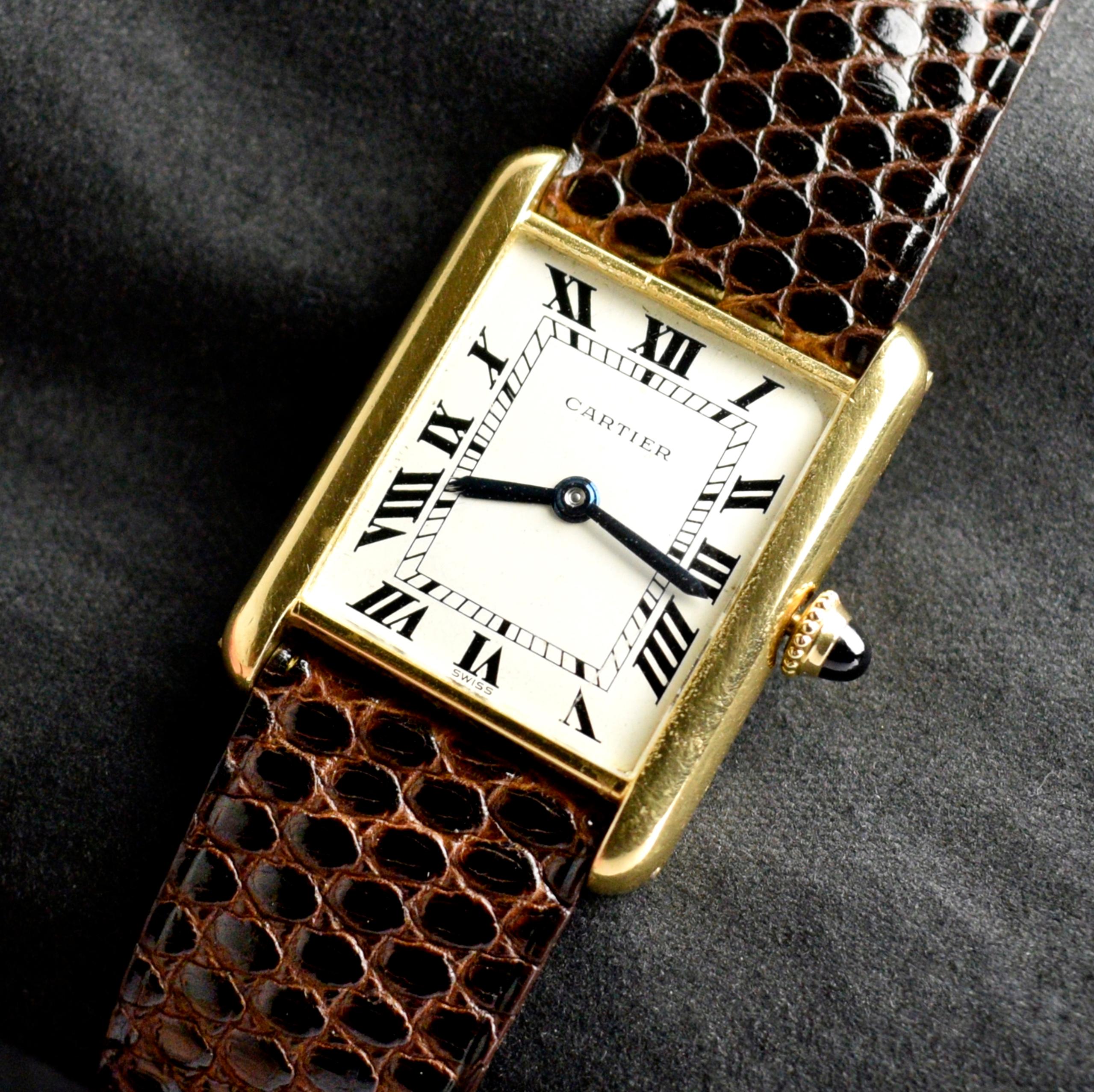 Brand: Cartier
Model: Tank Louis
Year: 1970’s
Serial Number: 13xxxx
Reference: C03808

The Tank watch has been created in several variations over the years, and all those models share the same DNA from the dial with Roman numerals to a crown