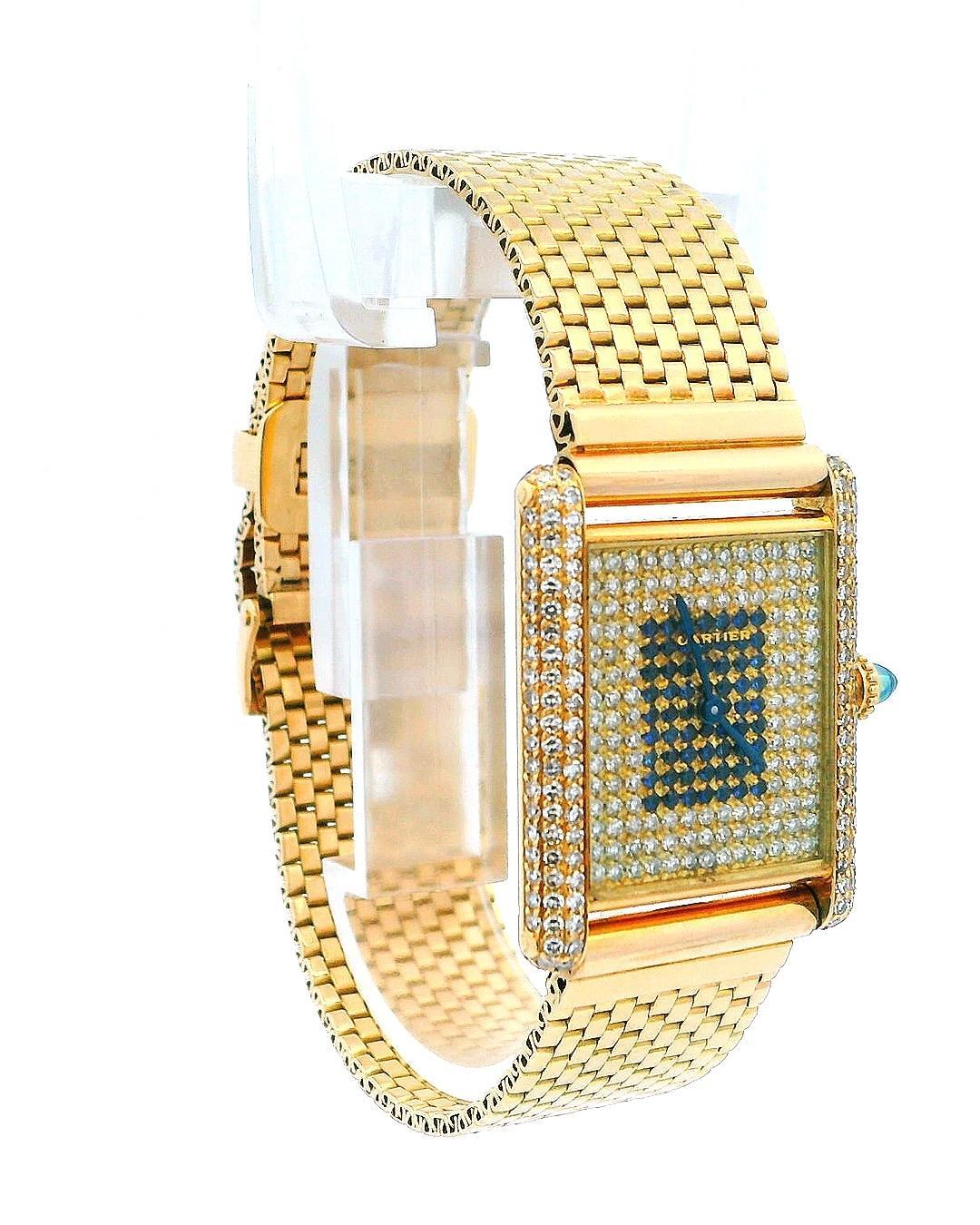 Vintage Cartier Tank Paris 18K Gelbgold & Pave Zifferblatt Lünette Box & Papiere (Einfacher Schliff) im Angebot