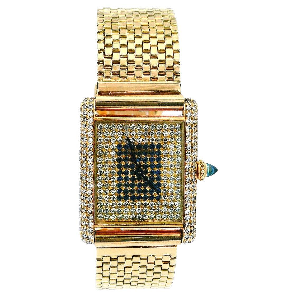 Vintage Cartier Tank Paris 18K Yellow Gold & Pave Dial Bezel Box & Papers